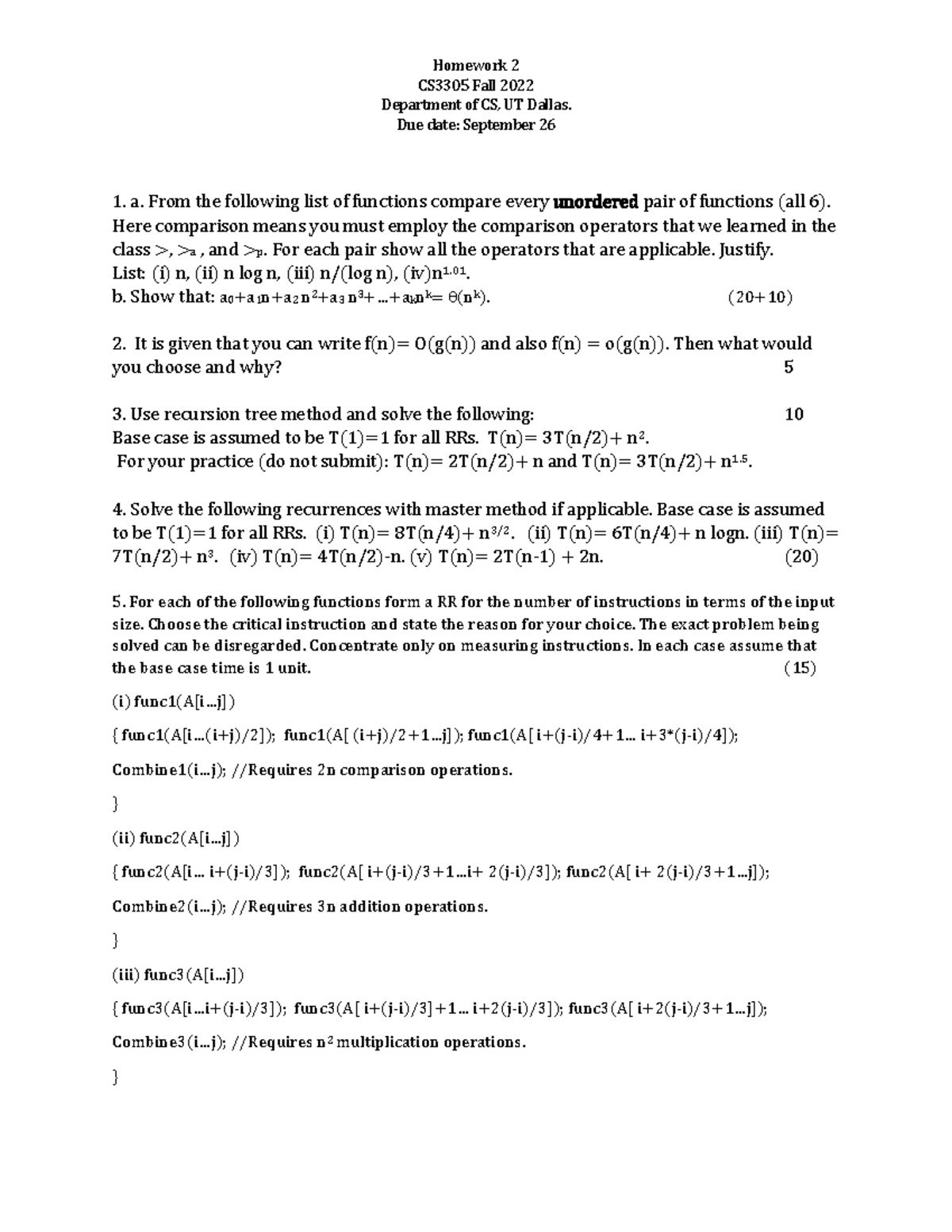 HW2 - Professor: Bhadrachalam Chitturi - Homework 2 CS3305 Fall 2022 ...