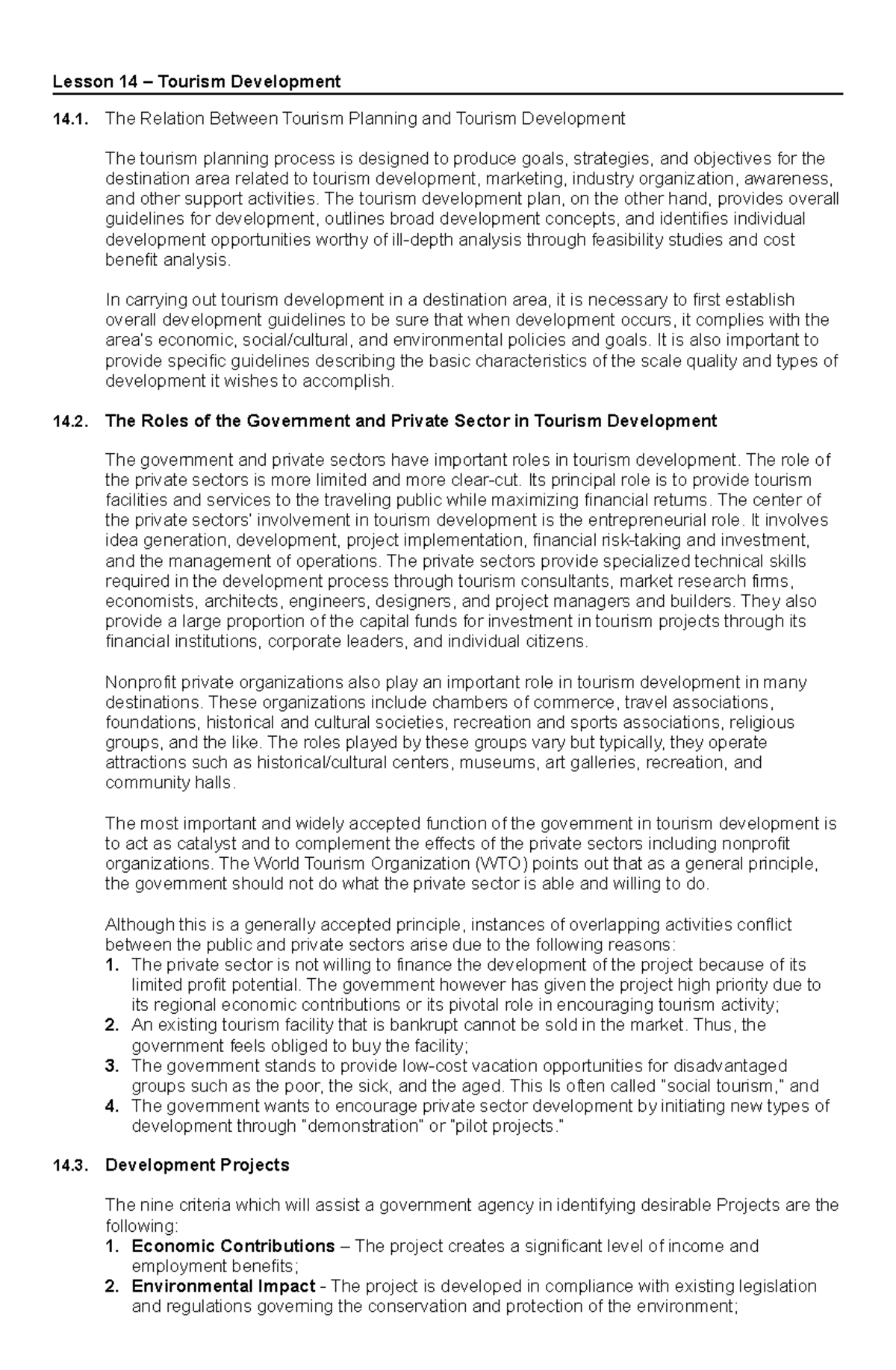 Lesson 14 - Tourism Development - Lesson 14 – Tourism Development 14 