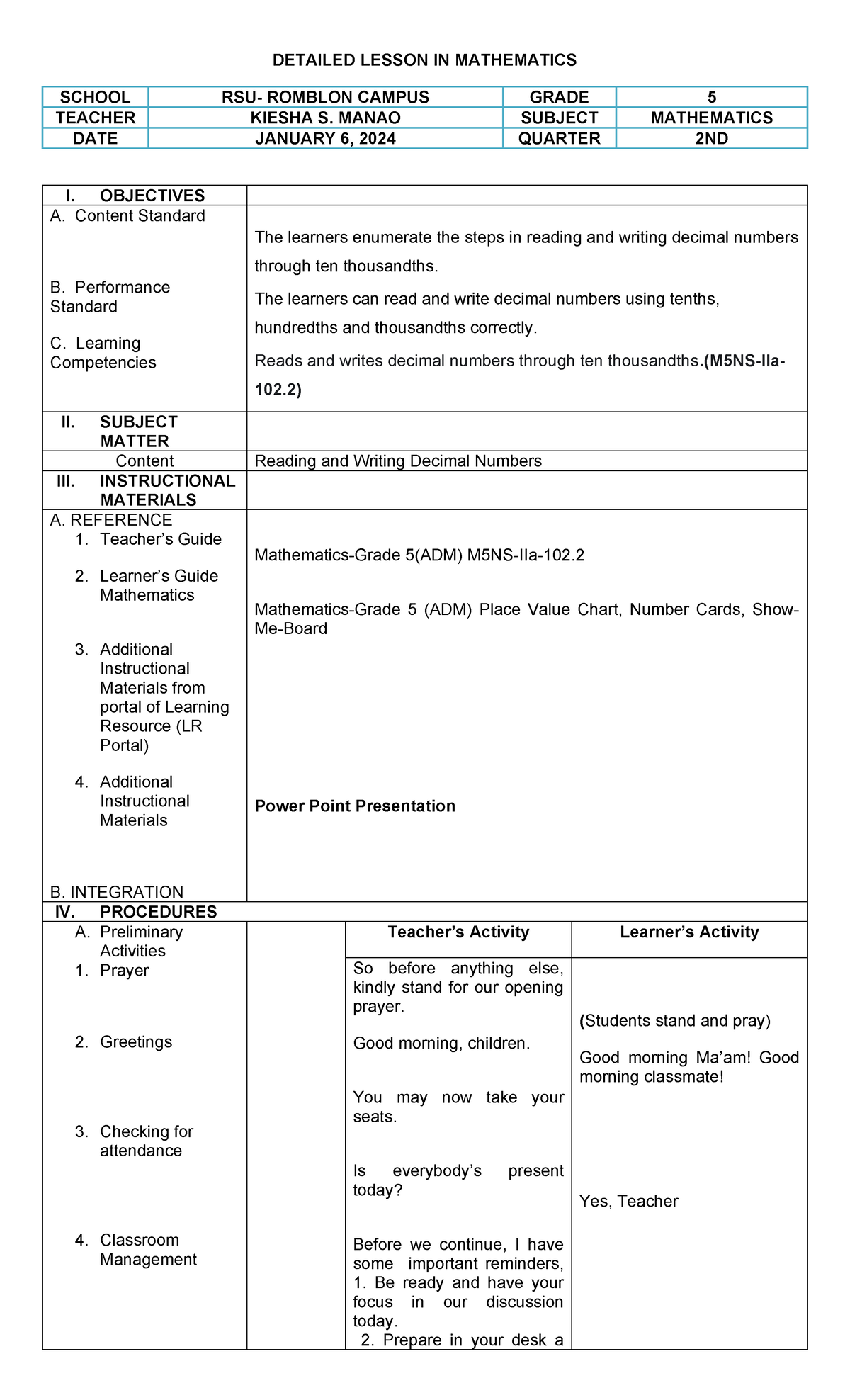 Detailed Lesson PLAN IN Mathematics - DETAILED LESSON IN MATHEMATICS ...