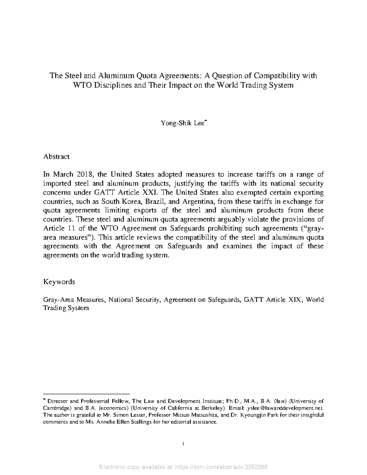 Lee “The Steel and Aluminum Quota Agreements A Question of