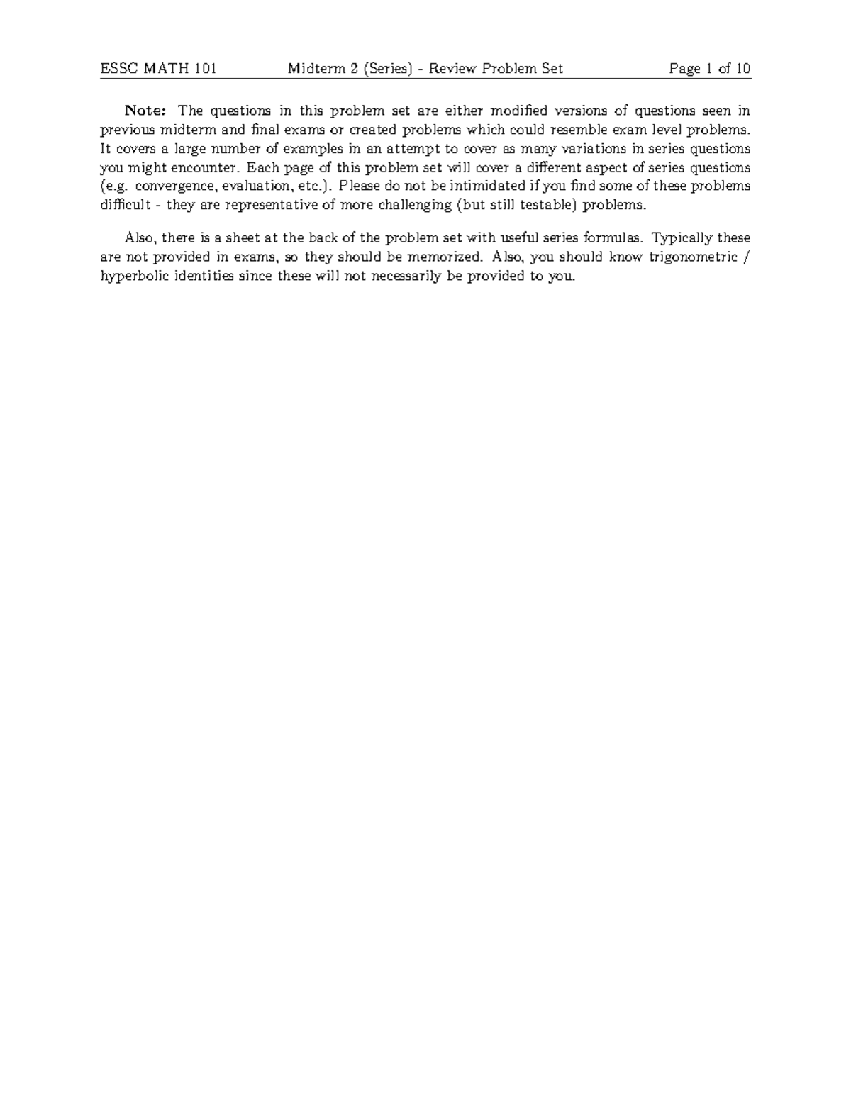 ESSC MATH 101 - Midterm 2 Problem Set - Note: The questions in this ...