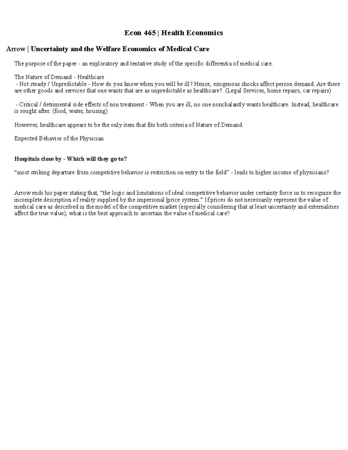 Econ 465 Health Economics Econ 465 Health Economics Arrow Uncertainty
