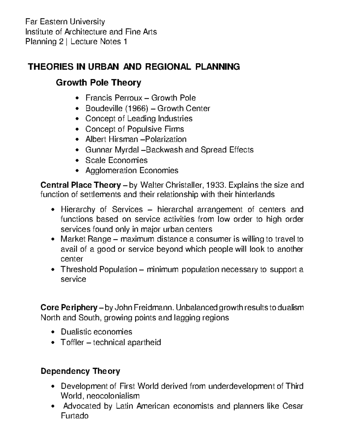 Theories in Urban and Regional part 2 - Far Eastern University ...
