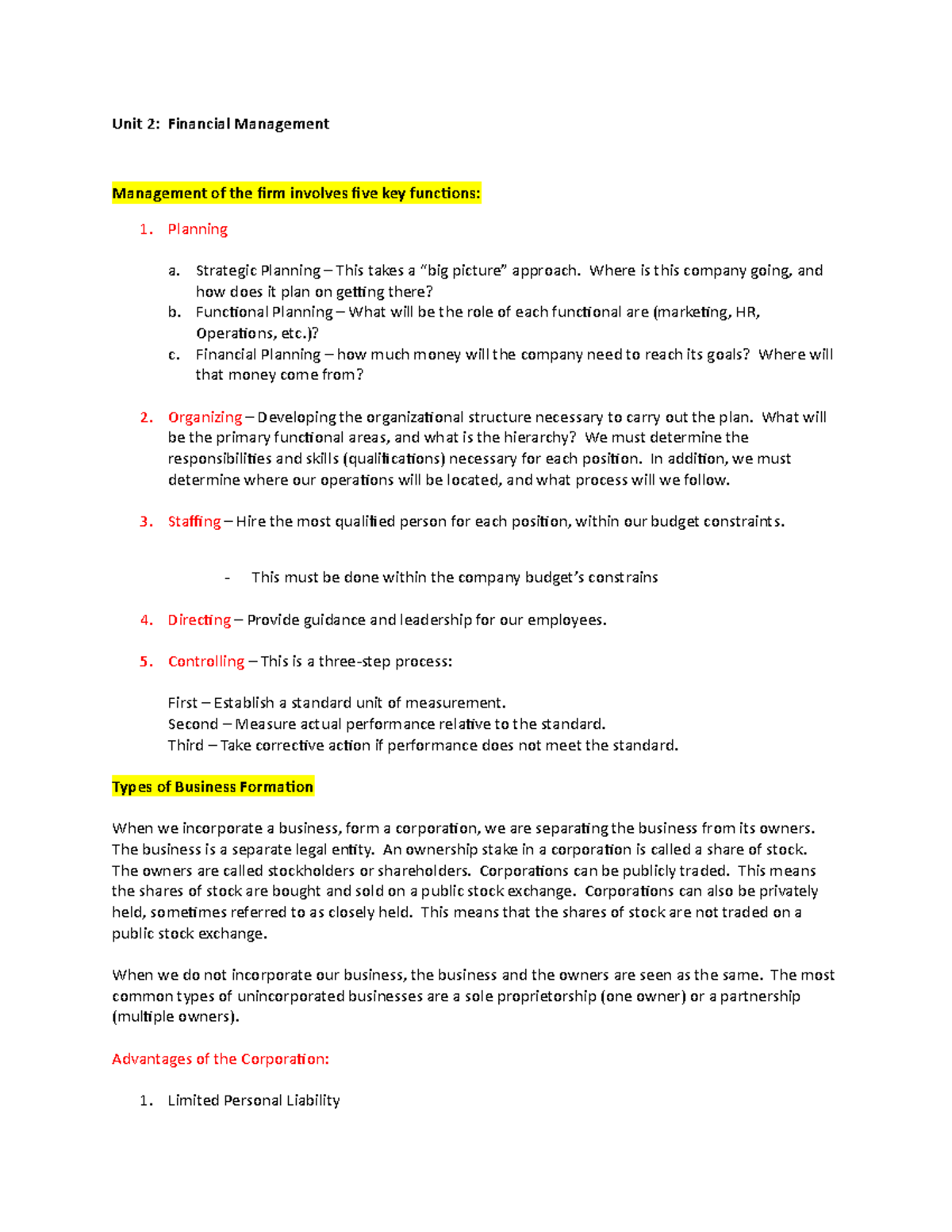 FIN 200 Lecture Notes Chapter 2 - Unit 2: Financial Management ...