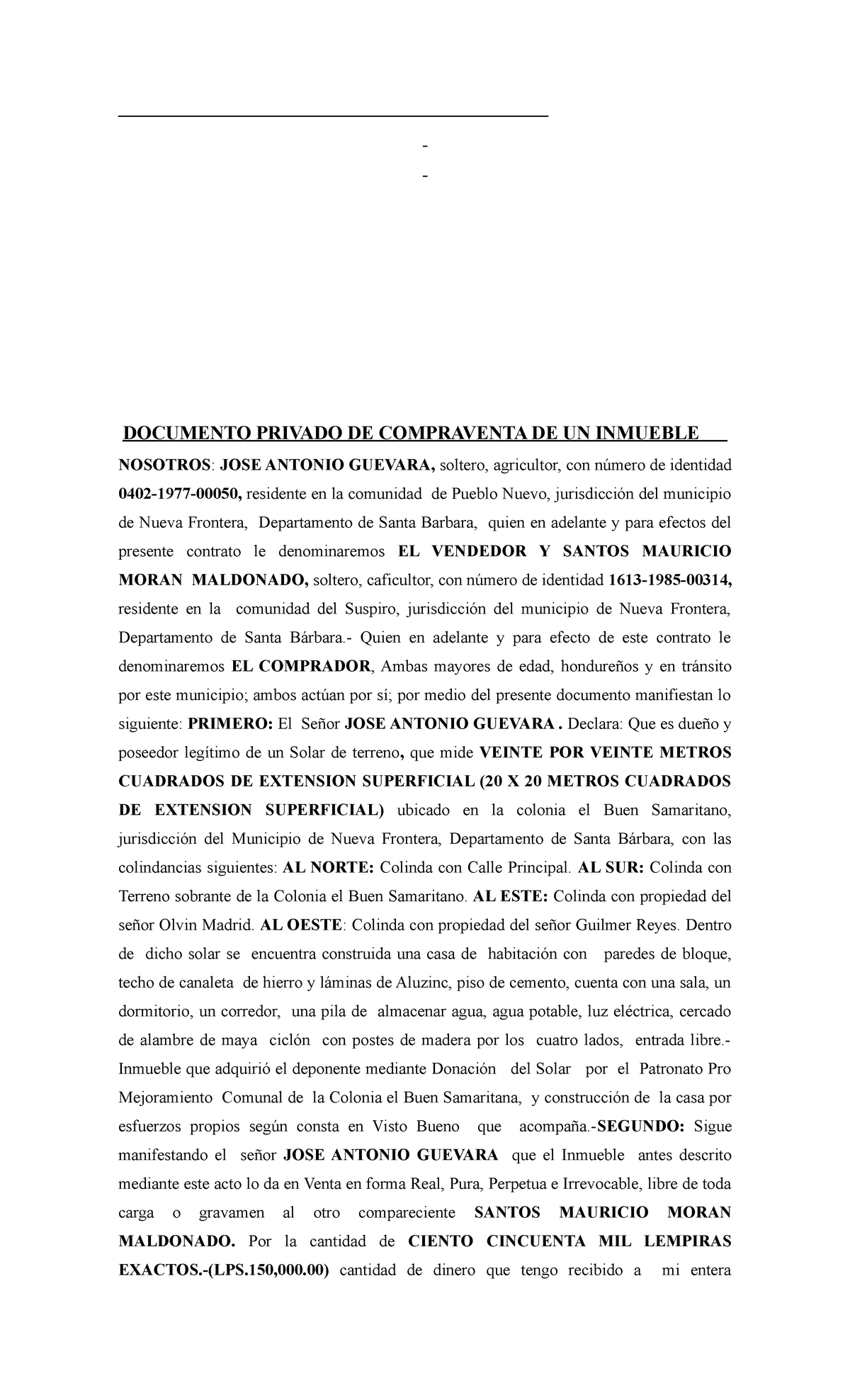Documento De Compra Y Venta De Un Inmueble En El Area Notarial Documento Privado De 0346