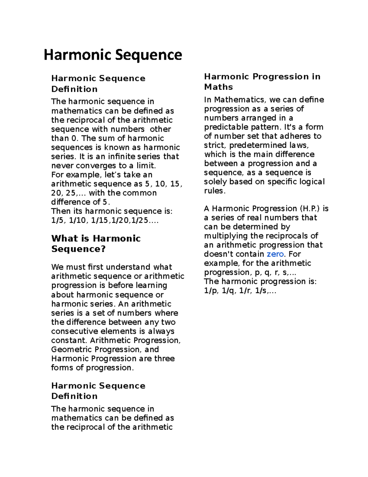 What Is Harmonic Sequence And Examples