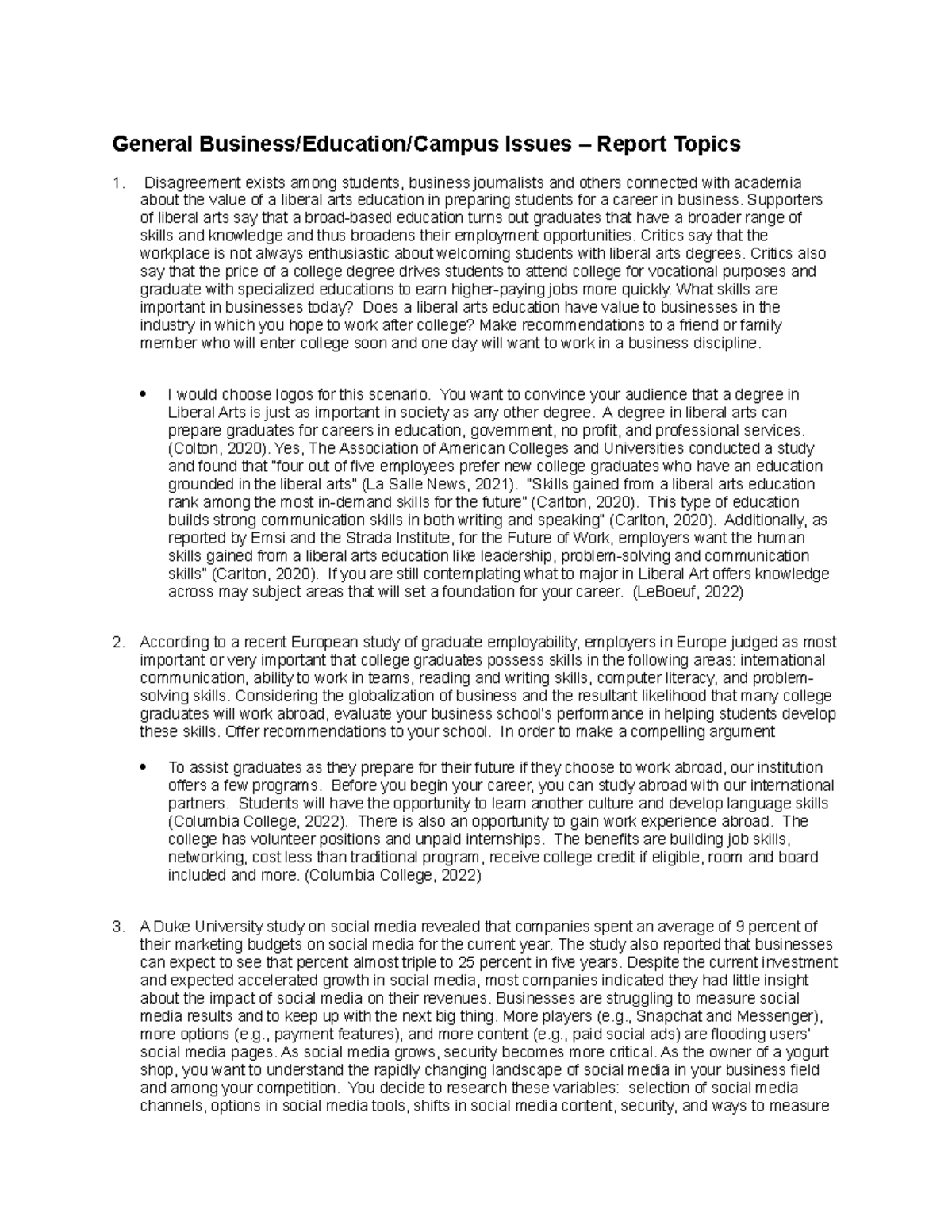 Discussion 5 - General Business/Education/Campus Issues – Report Topics ...