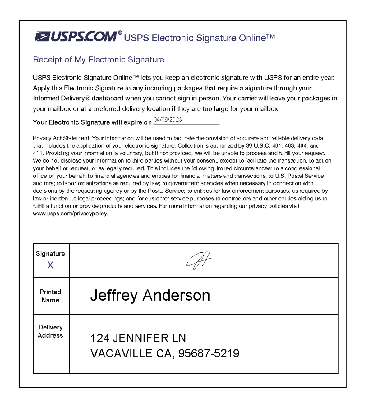 ESOL Form Injected Fields - Signature Printed Name Delivery Address X ...