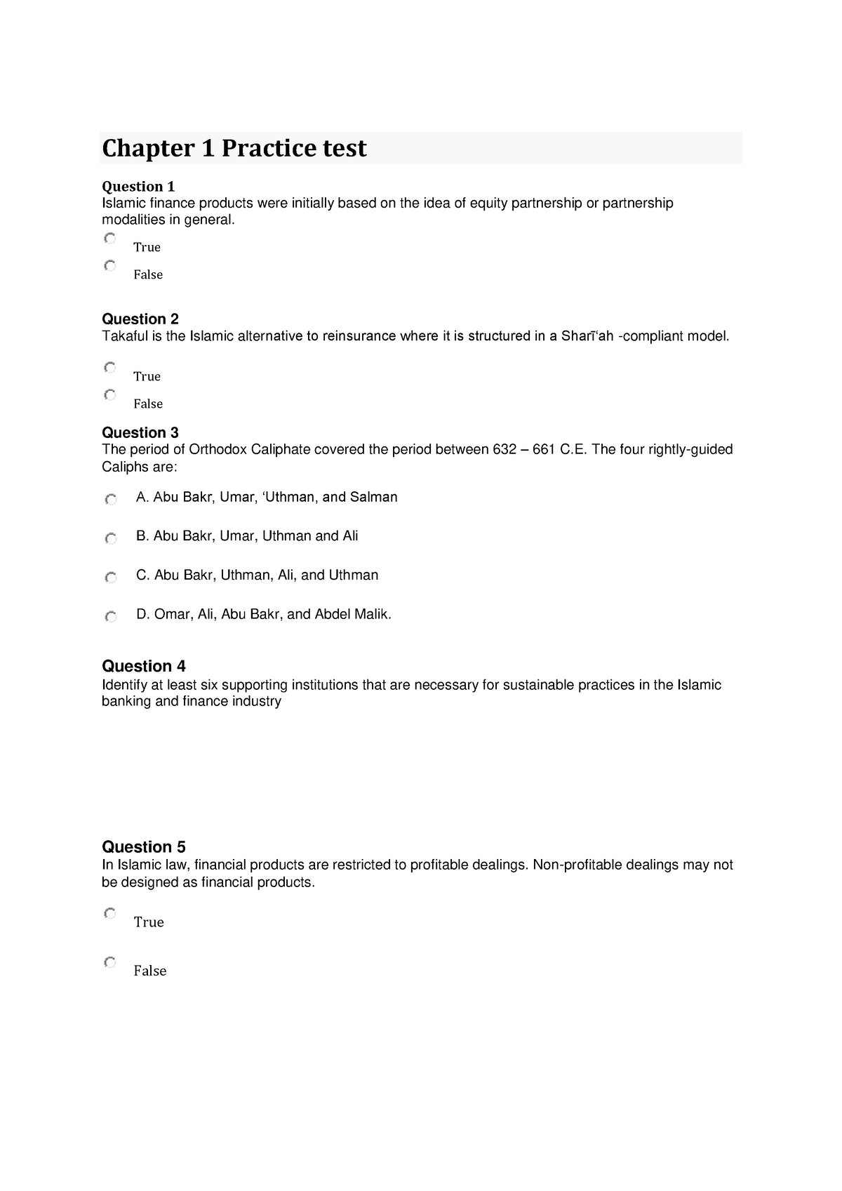 Chapter 1 Practice Test - Chapter 1 Practice Test Question 1 Islamic ...