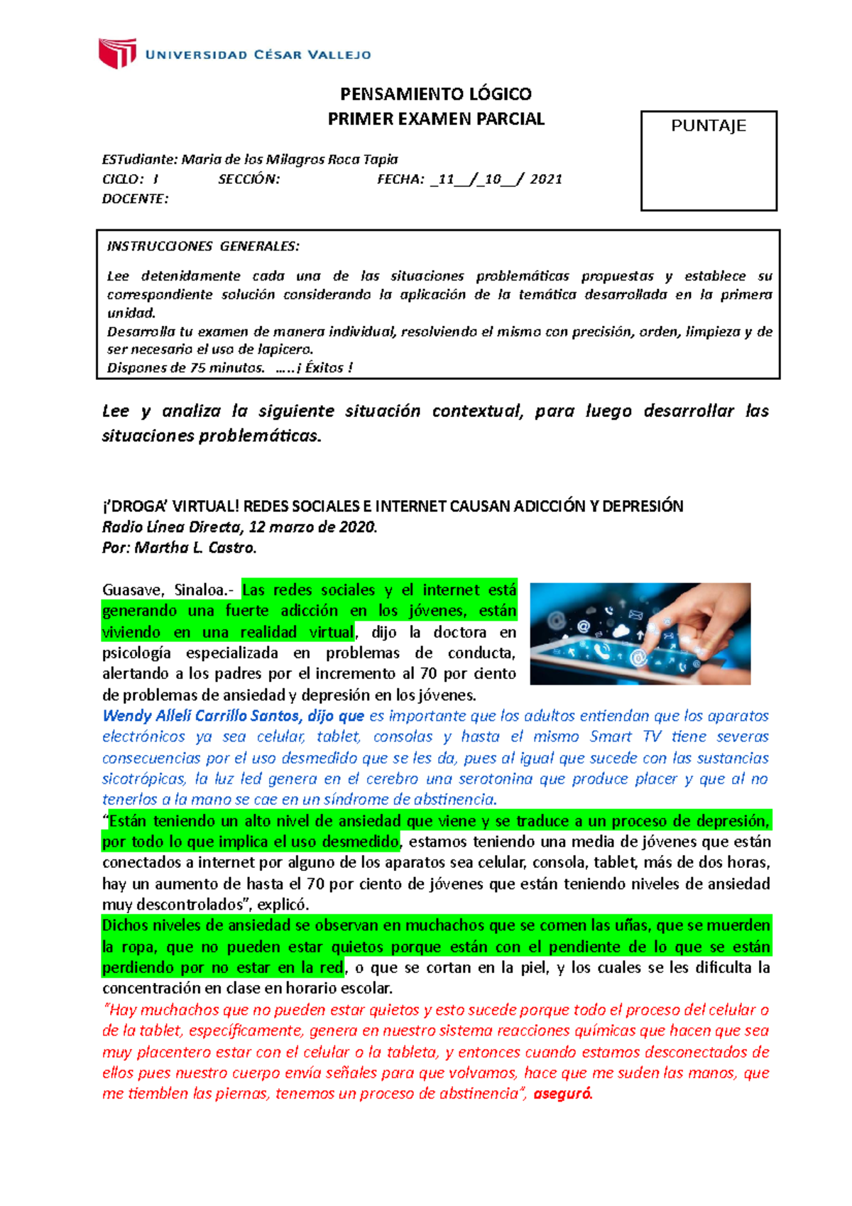 I EX. Parcial 2021-1 Pensamiento Lógico - PENSAMIENTO LÓGICO PRIMER ...