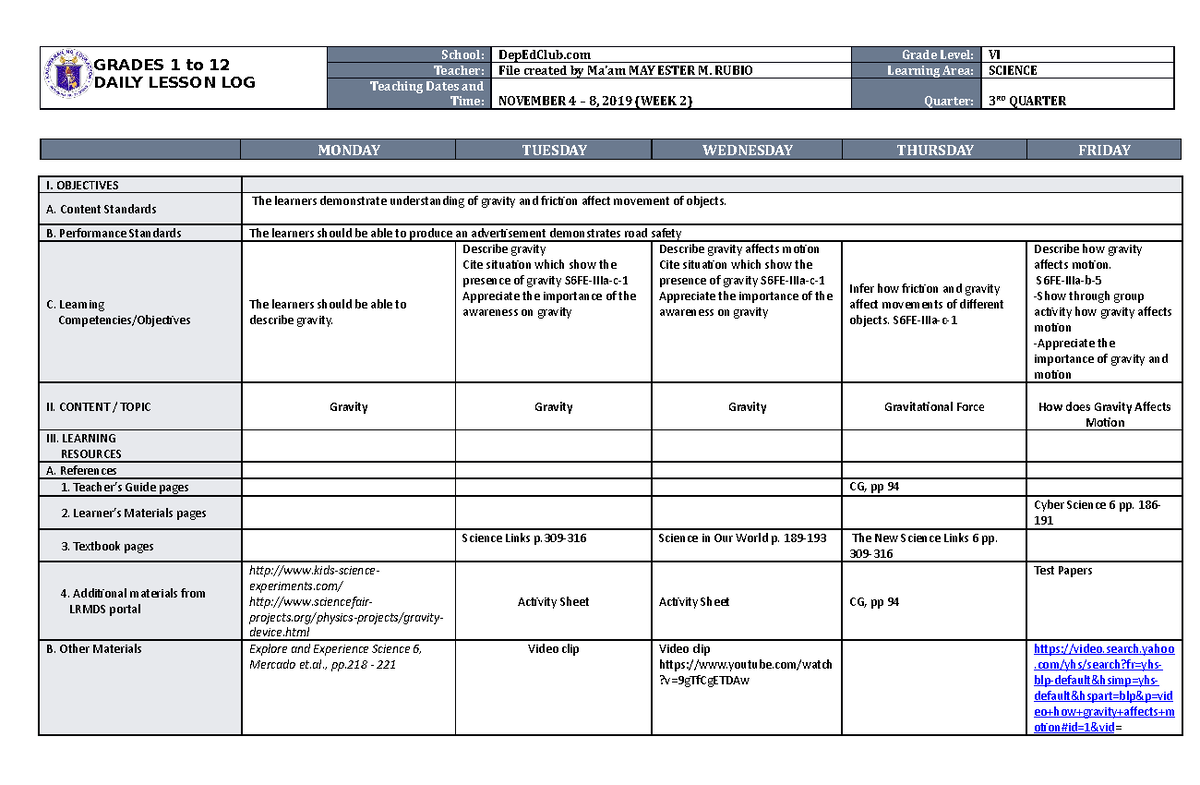 DLL Science 6 Q3 W2 - GRADES 1 to 12 DAILY LESSON LOG School: DepEdClub ...