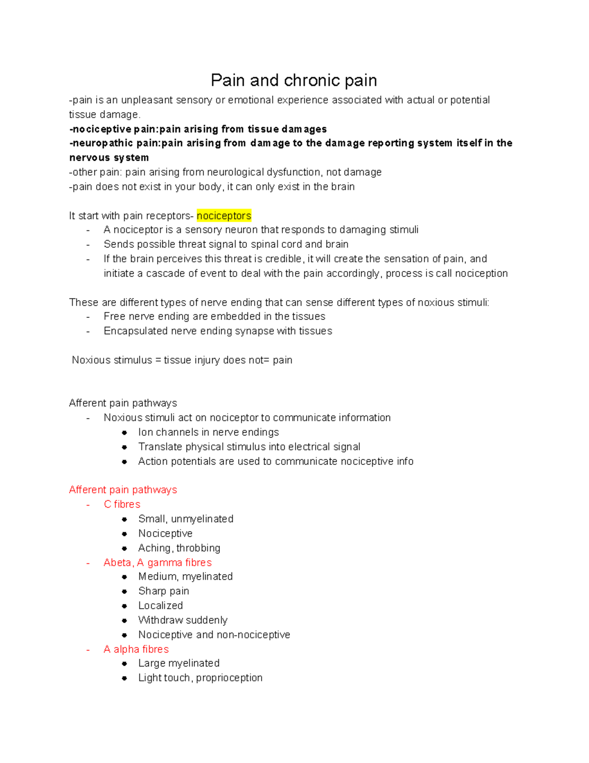Pain and chronic pain - Lecture notes 8 - Pain and chronic pain -pain ...