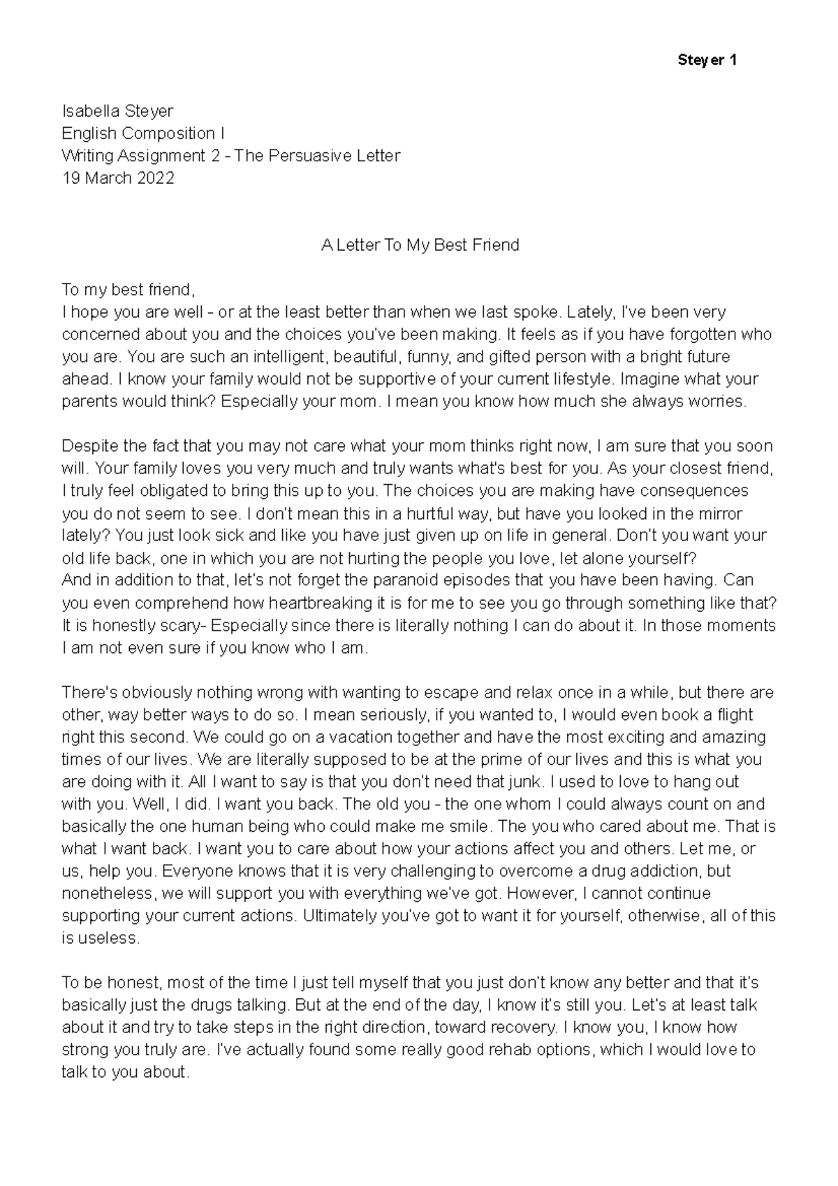 Persuasive Letter - summary - Steyer 1 Isabella Steyer English ...