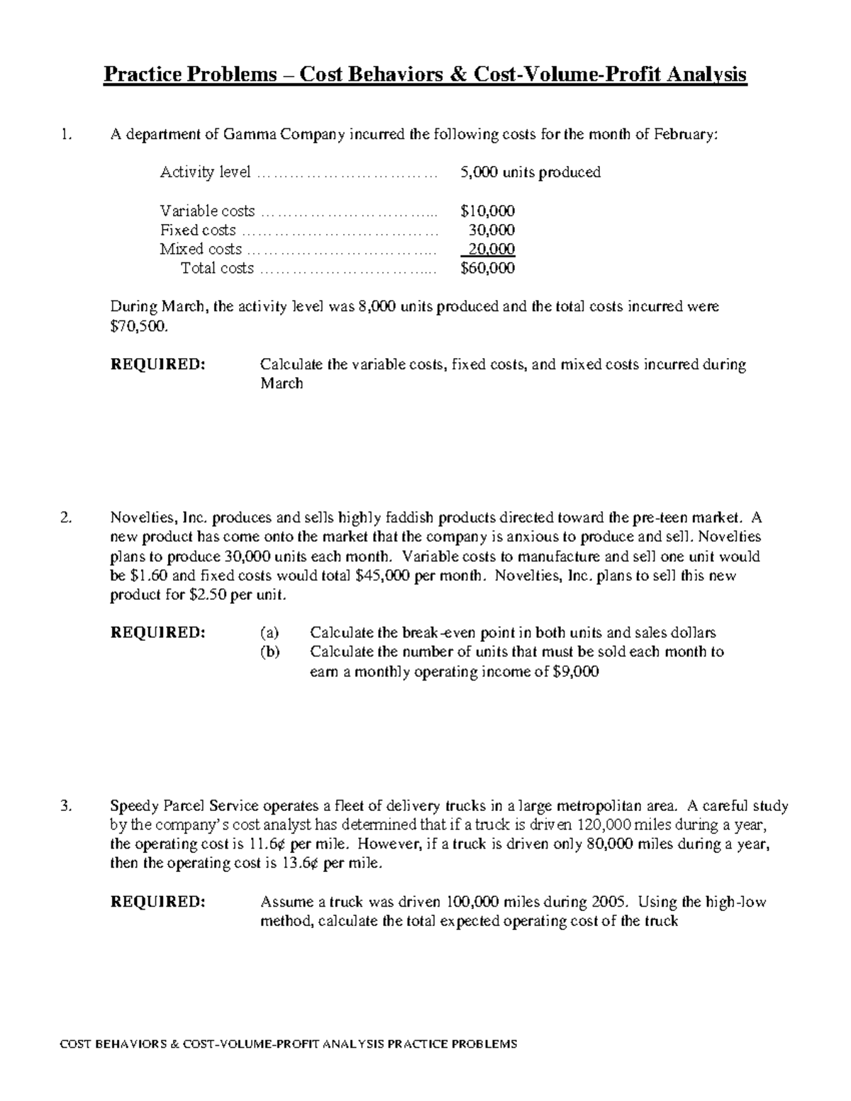 1cost behaviors Lecture notes 1 Practice Problems Cost Behaviors
