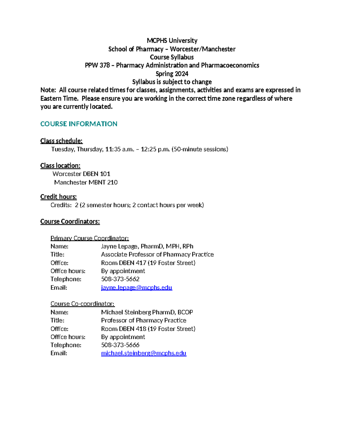 PPW 378 Pharm Admin & PEcon syllabus 2024 Final MCPHS University