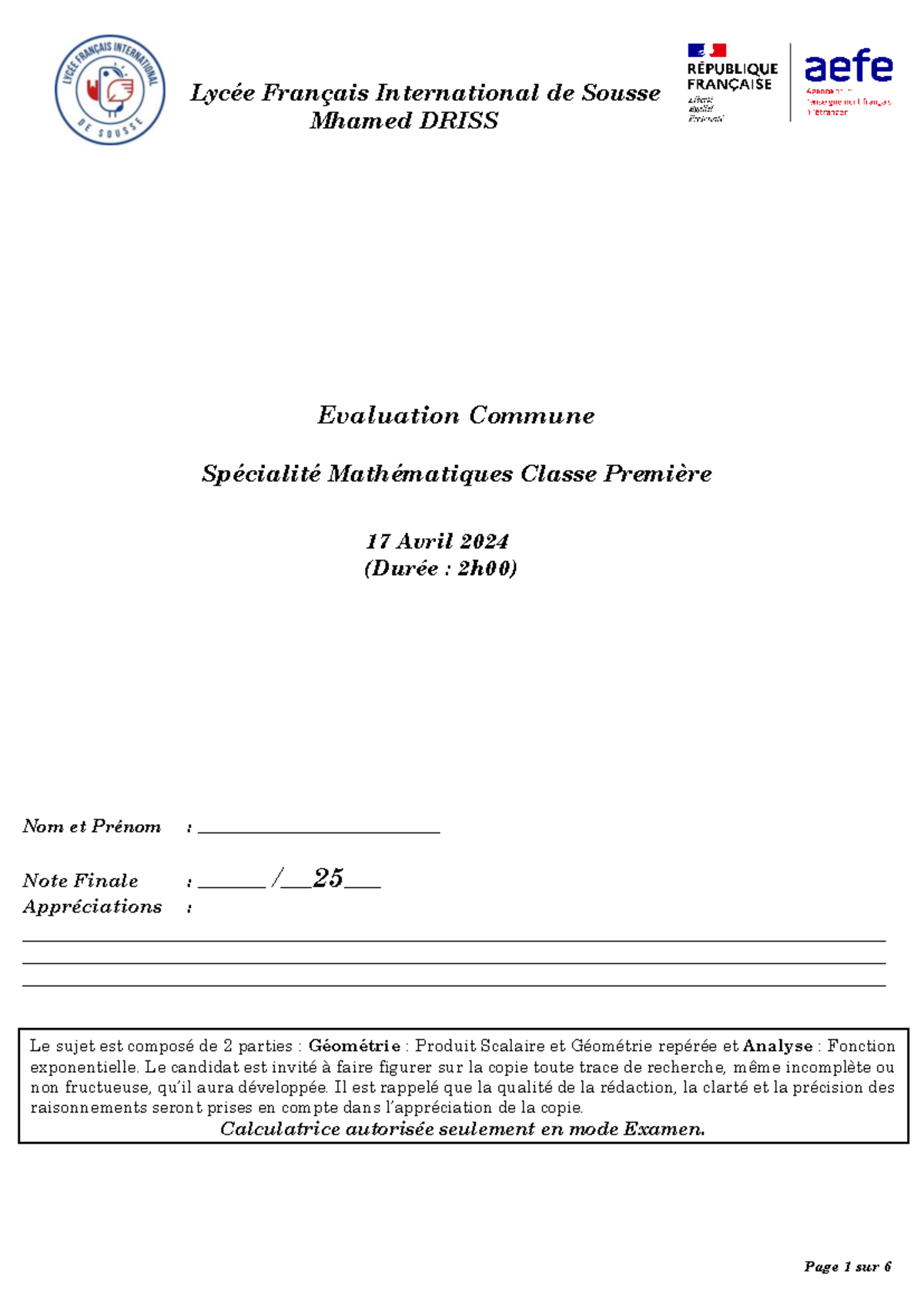 Evaluation Commune Sp cialit Math matiques Premi re 17 Avril 2024 