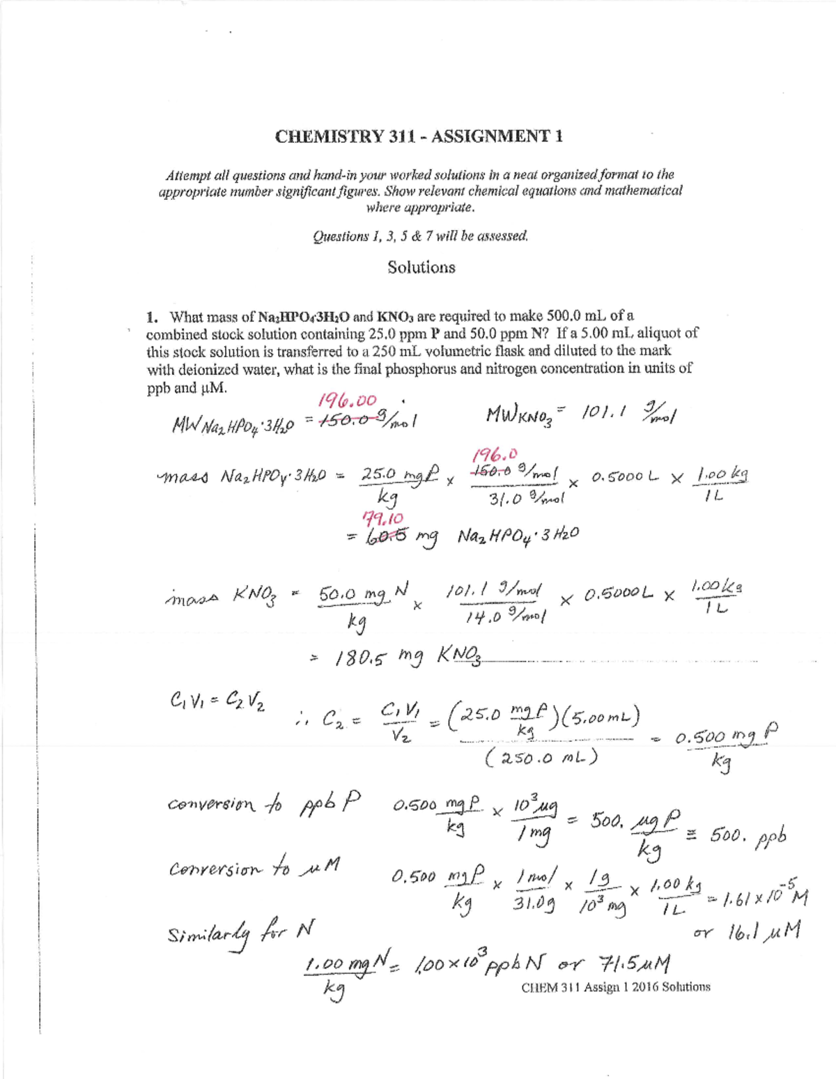 Assign 1 2016 scanned solutions - CHEM311 - Studocu