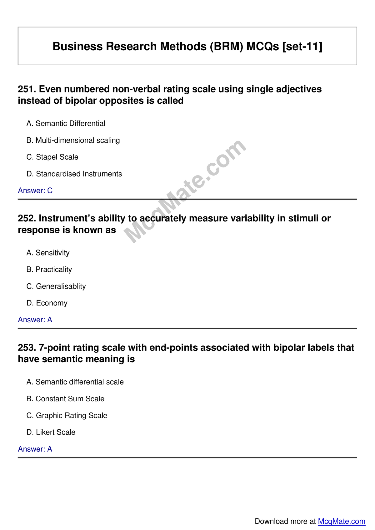 sample exam questions for business research methods