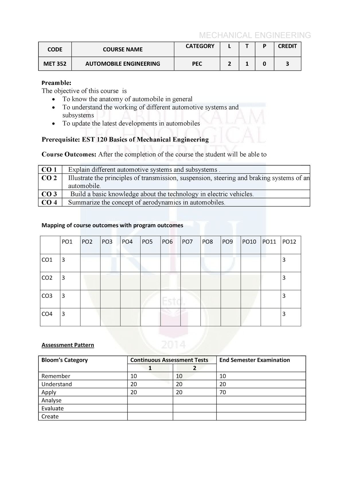 Syllabus met 352 automobile MECHANICAL ENGINEERING CODE COURSE NAME