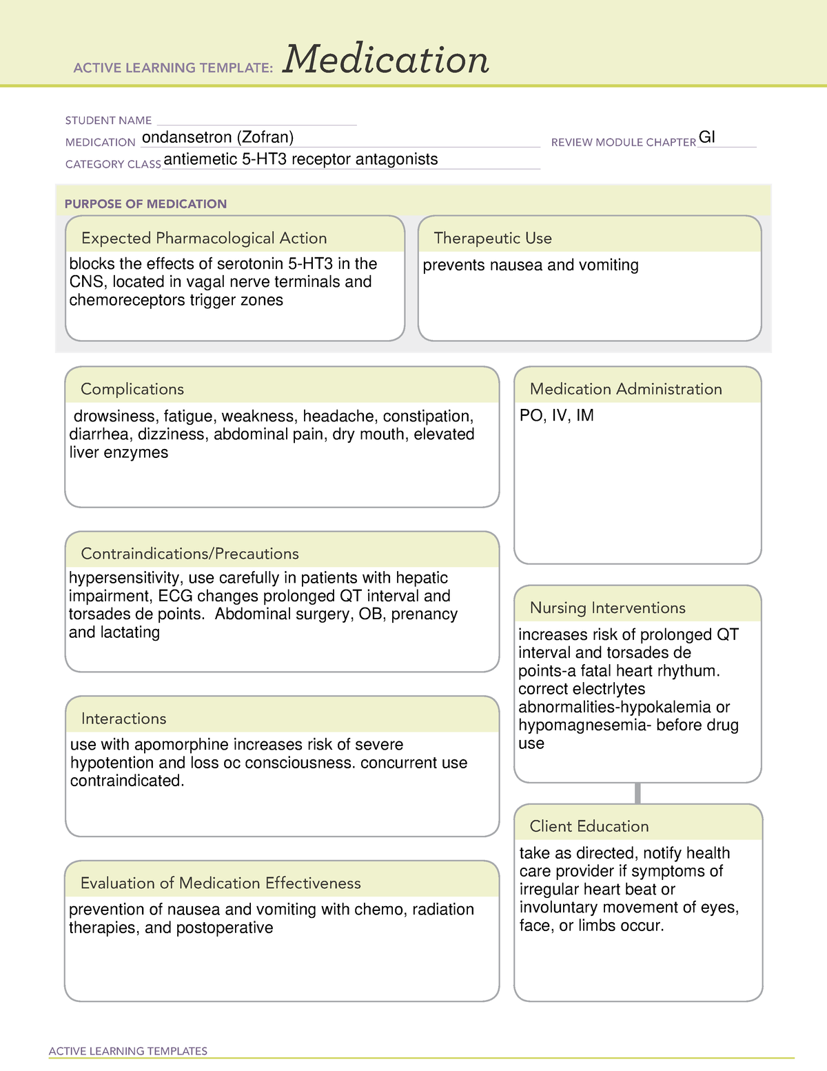 Ondansetron Medication template with mechanism of action, assessment