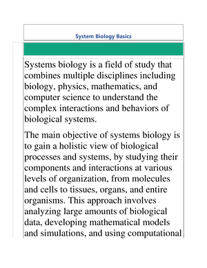 System Biology - The Main Objective Of Systems Biology Is To Gain A ...