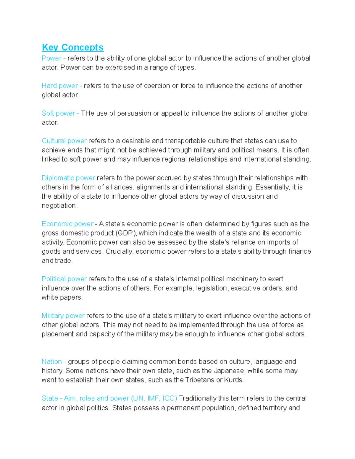 Global Politics Year 12 Notes - Key Concepts Power -refers to the ...