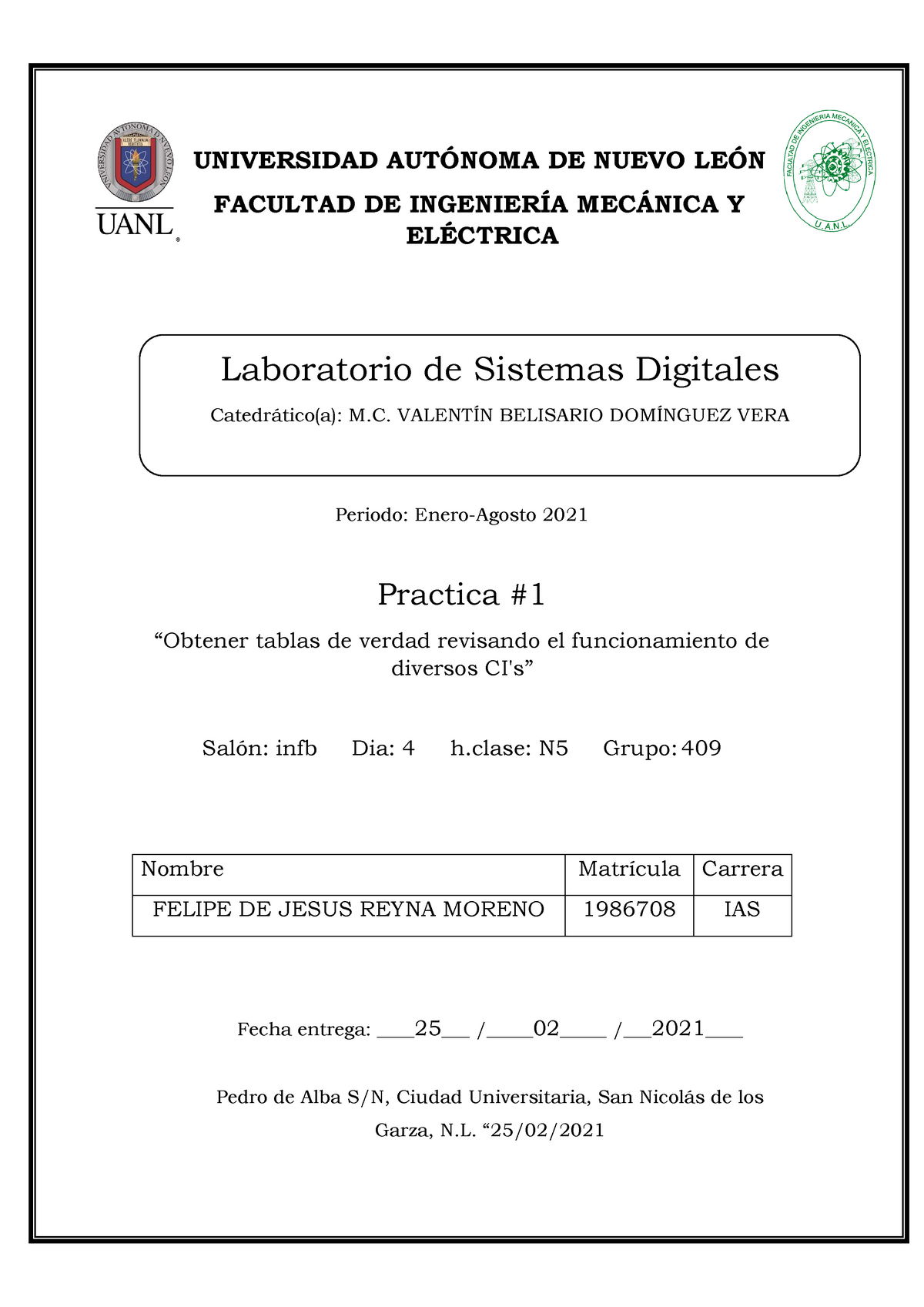 1986708 Pract 1 Lab Sistemas Digitales Sistemas Digitales Uanl