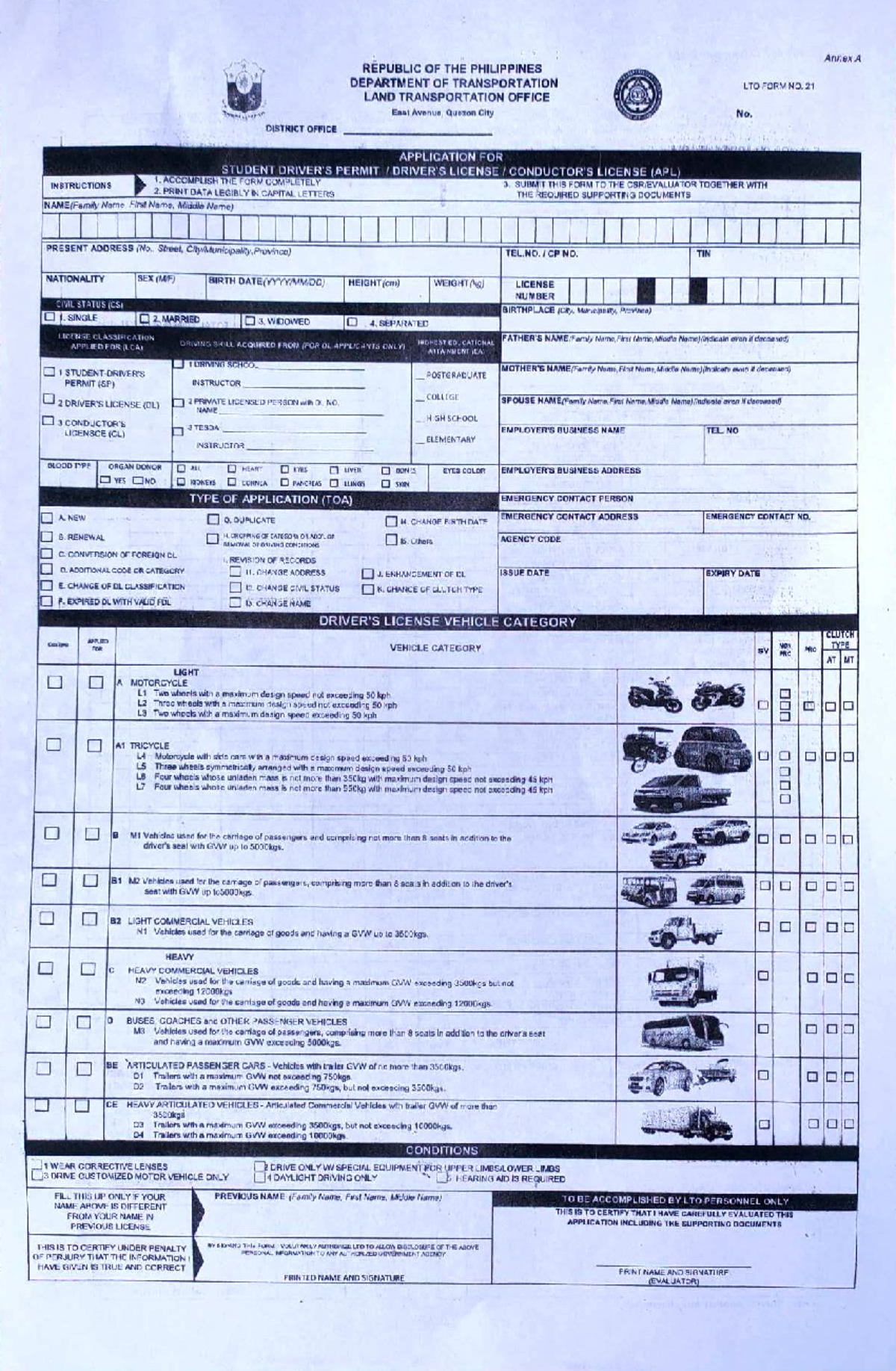 LTO Form No. 21 Annex A - scanned copy - Bachelor of Science in ...