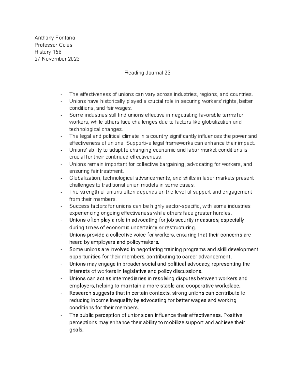 Reading Journal 23 - notes from class - Anthony Fontana Professor Coles ...