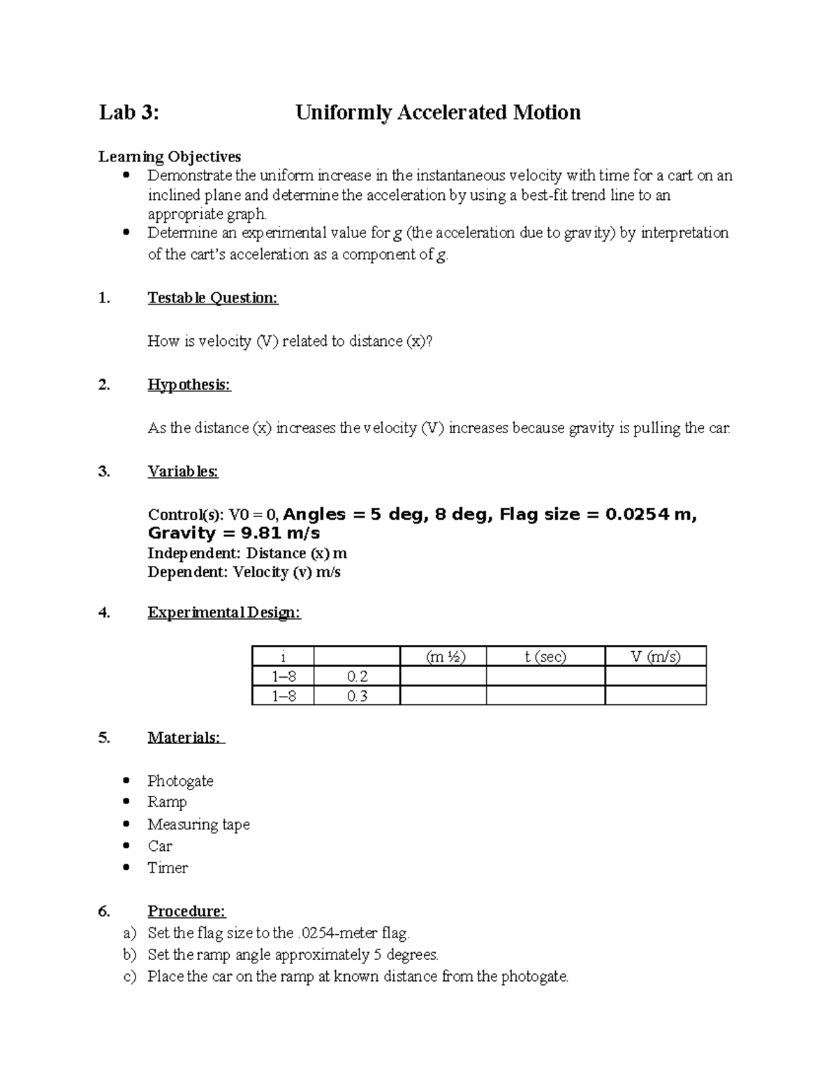 PHY111L Lab 3 Uniformly accelerated motion 3 - Lab 3: Uniformly ...