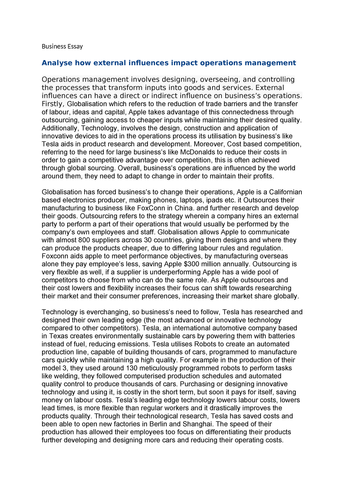 business operations essay example