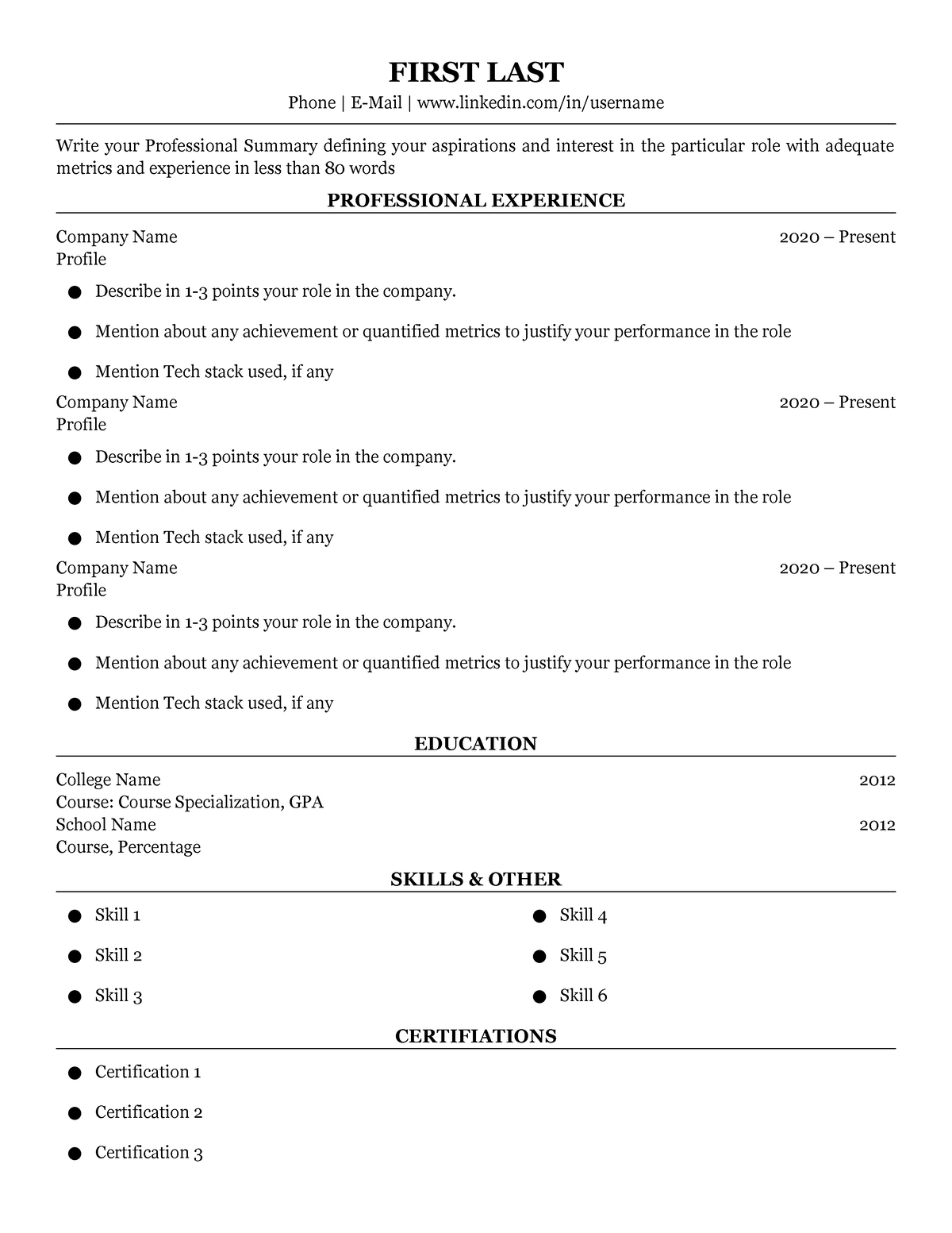 Padhakku+Resume+Black+Template - FIRST LAST Phone | E-Mail | linkedin ...