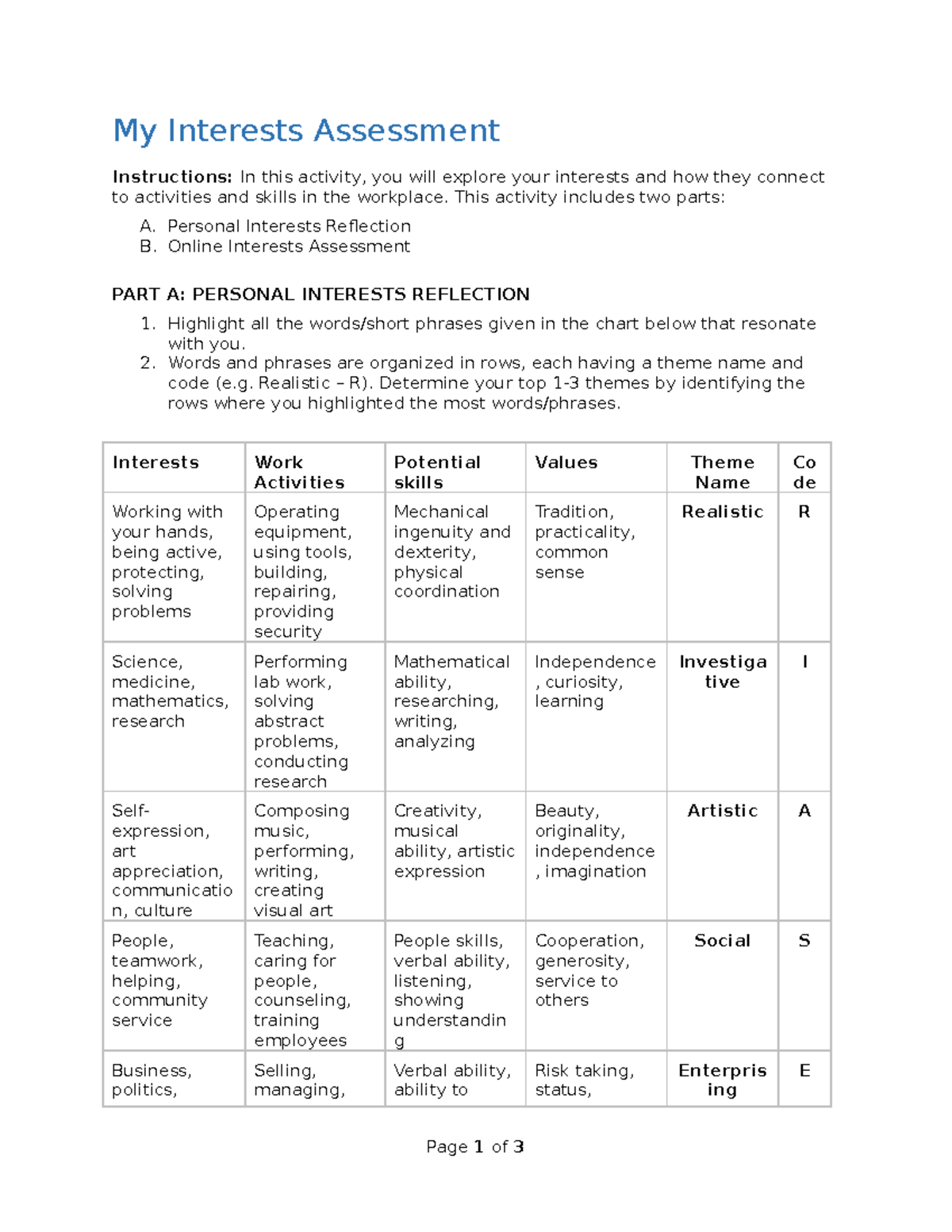 Assessment Results Are Of Direct Interest To: Interest Assessments Worksheet - My Interests Assessment Instructions