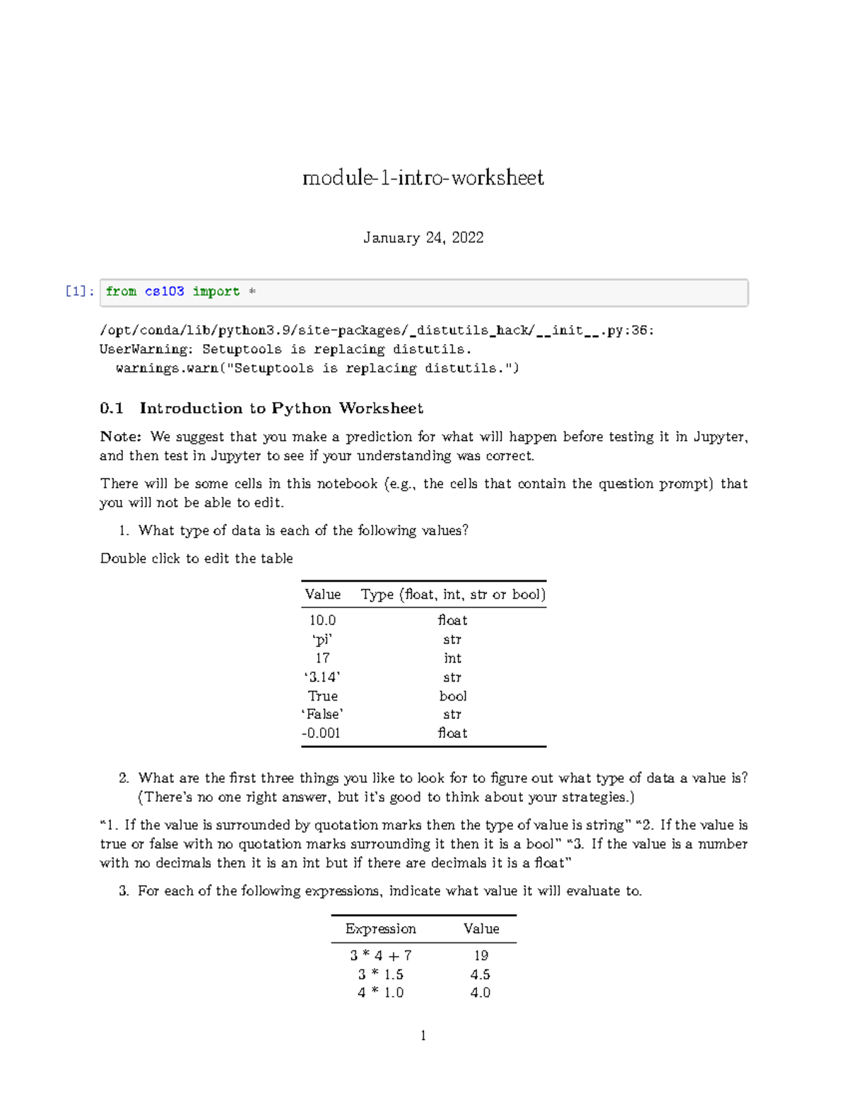 Module 1 Intro Worksheet - Module-1-intro-worksheet January 24, 2022 [1 ...