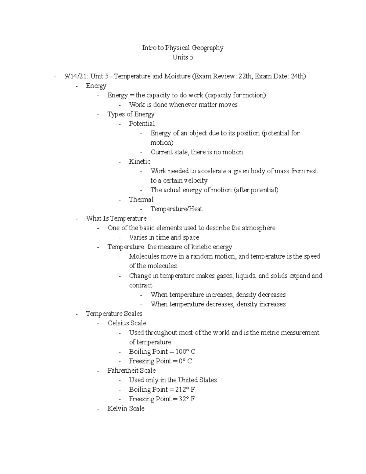 GEOG 1111 Unit 5 Notes for Elcik Intro to Physical Geography