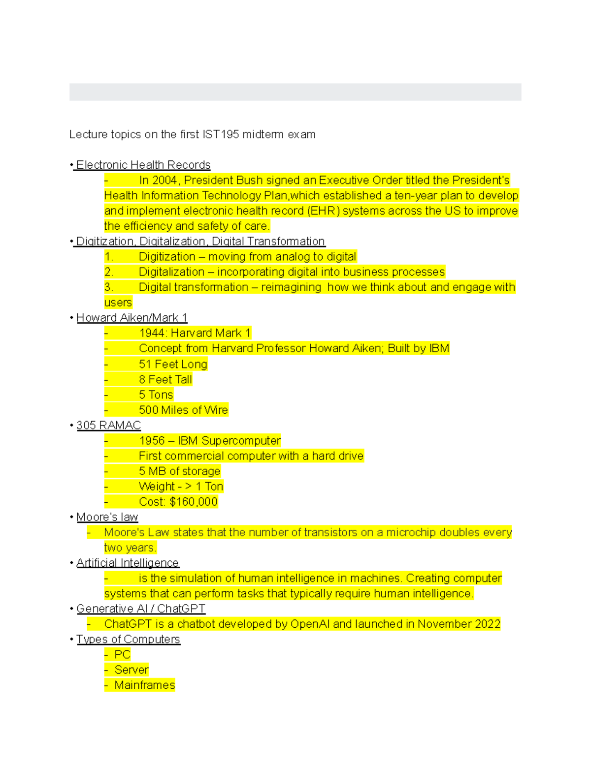 Ist study guide - Lecture topics on the first IST195 midterm exam ...