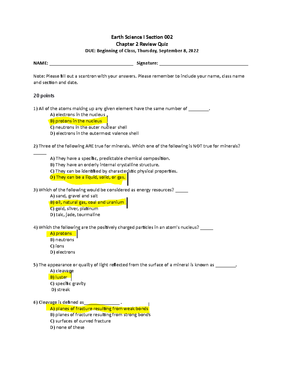 Ch 02c Mat Min RQ - Yes - Earth Science I Section 002 Chapter 2 Review ...