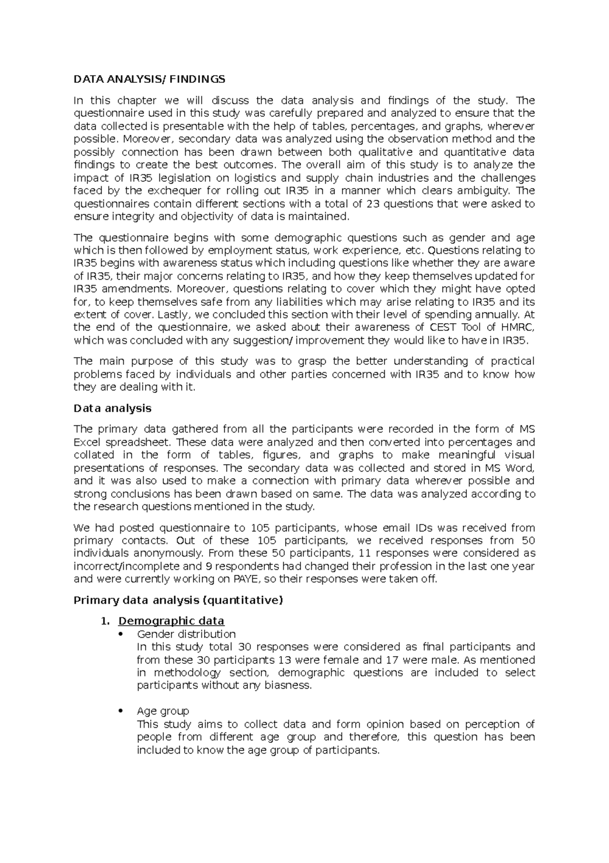 DATA Analysis Full Working File DATA ANALYSIS FINDINGS In This