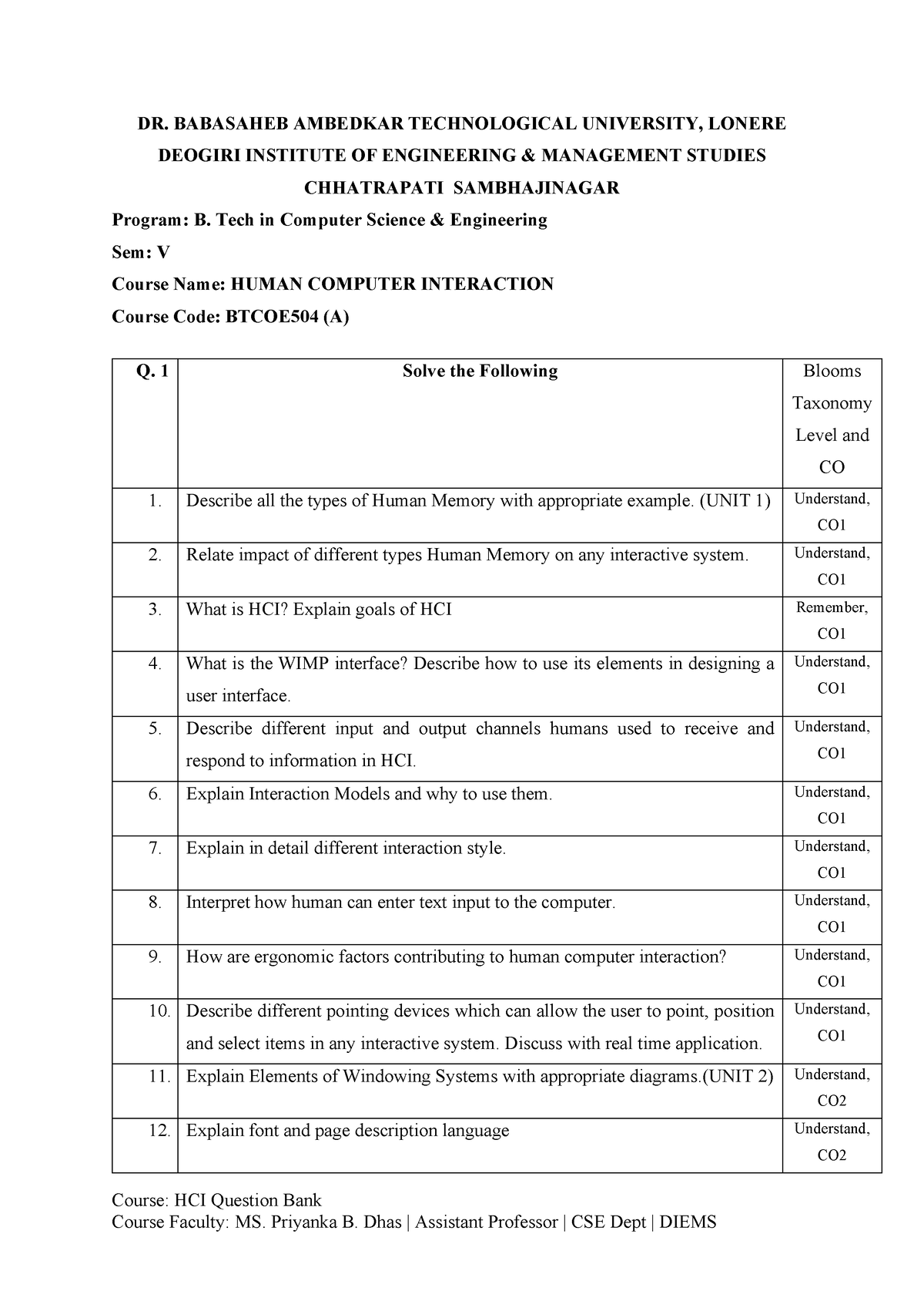 Question Bank Hci - Course: Hci Question Bank Course Faculty: Ms 