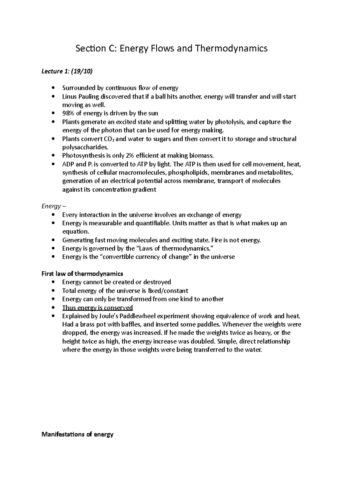 Section C Energy Flow and Thermodynamics Section C Energy Flows and