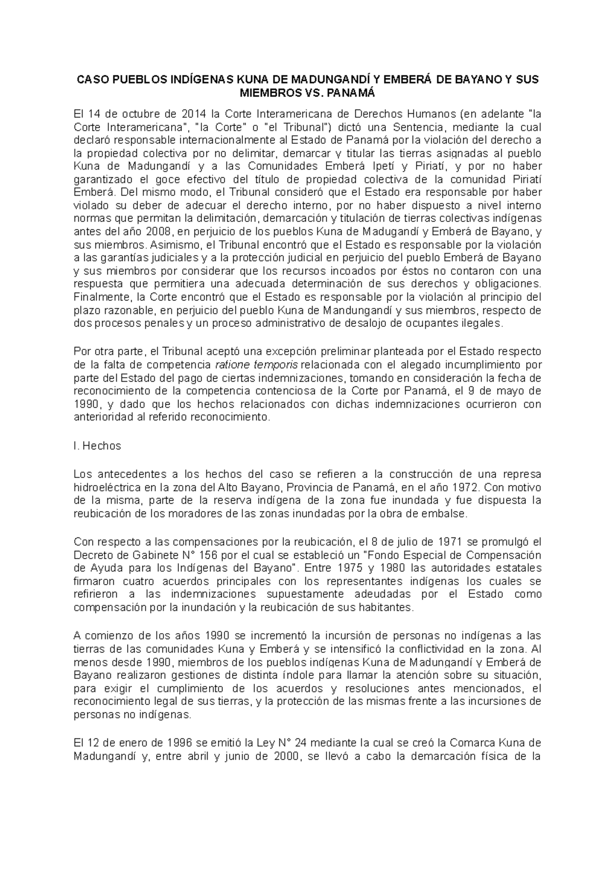 Caso Pueblos Indígenas Kuna De Madungandí Y Emberá De Bayano Y Sus Caso Pueblos Indígenas Kuna De Madungandí Y Emberá De Bayano Y Sus