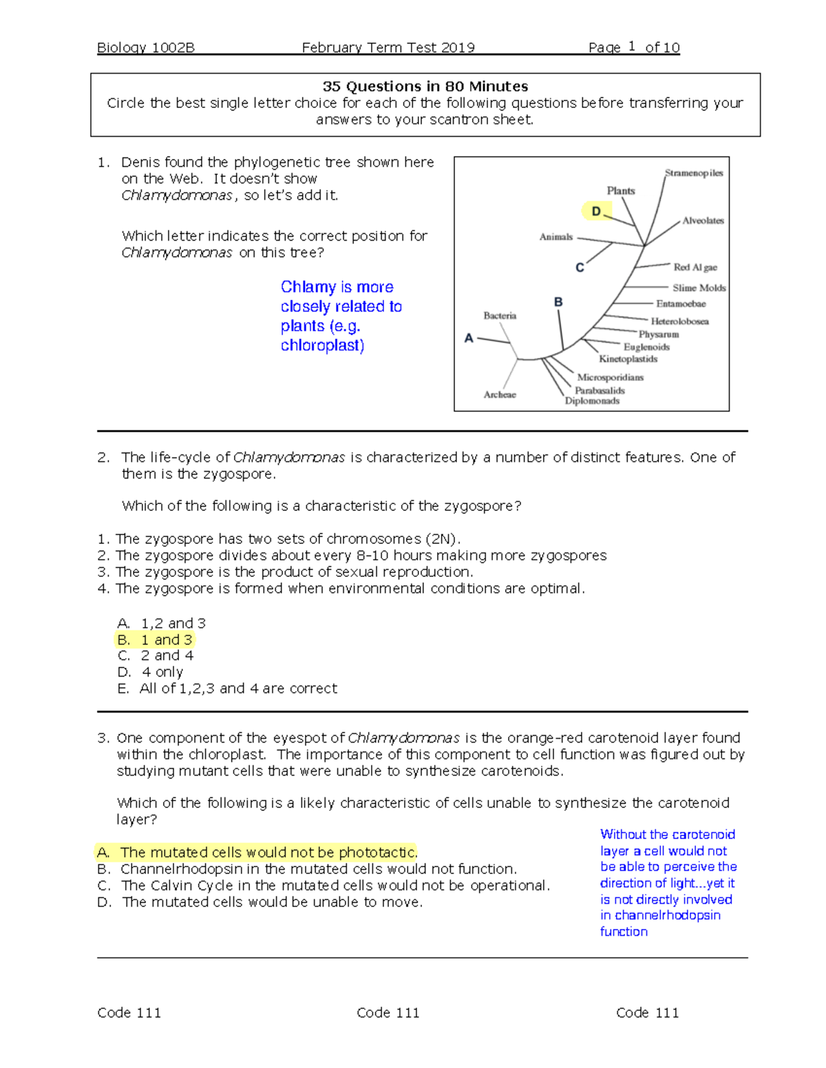 2019 Test 1 - Practice Questions For Biology 1002b With Highlighted ...