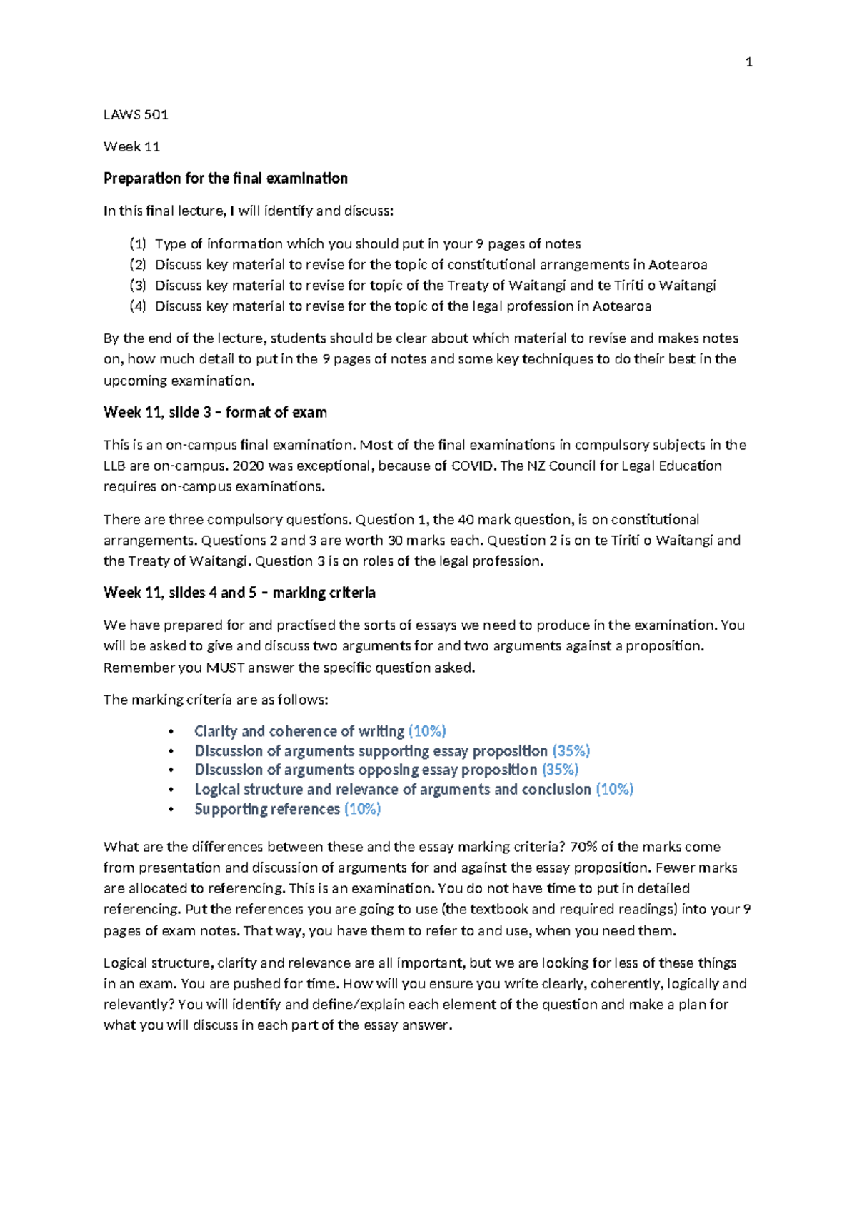 Week Eleven 2021 Revision notes - LAWS 501 Week 11 Preparation for the ...