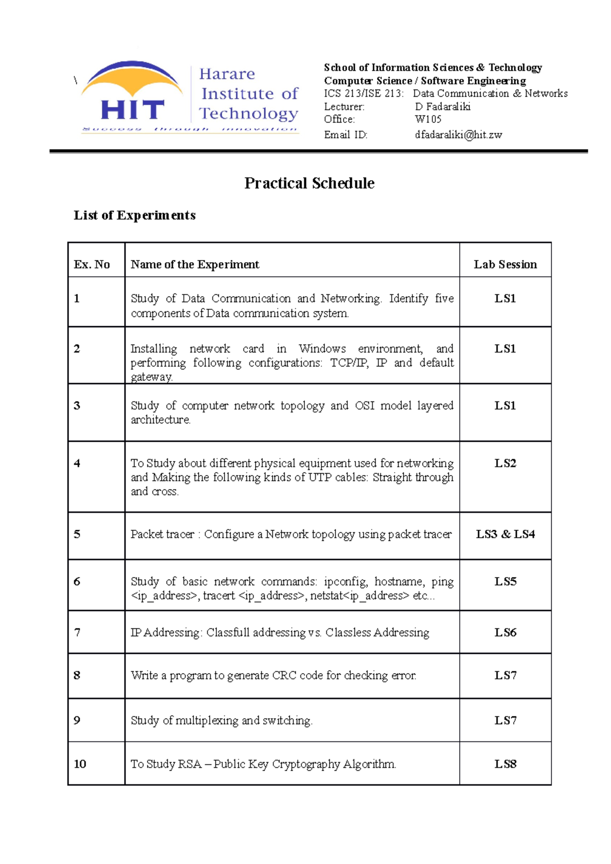 ICS 213 Practical Schedule - \ Practical Schedule List of Experiments ...