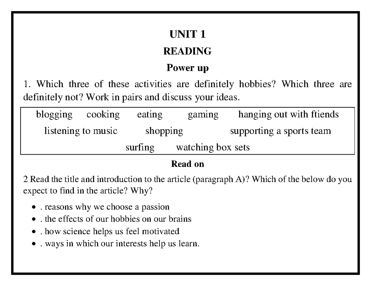 Unit 1 Reading Writing 4 - UNIT 1 READING Power Up 1. Which Three Of ...