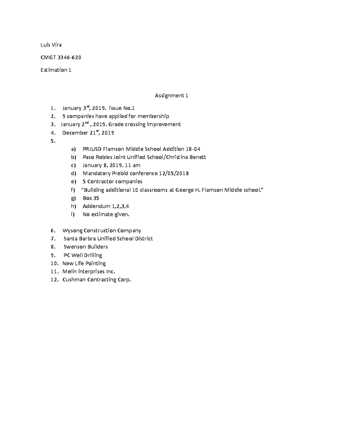 Estimation Assignment 1 - Luis Vira CMGT 3346- Estimation 1 Assignment ...
