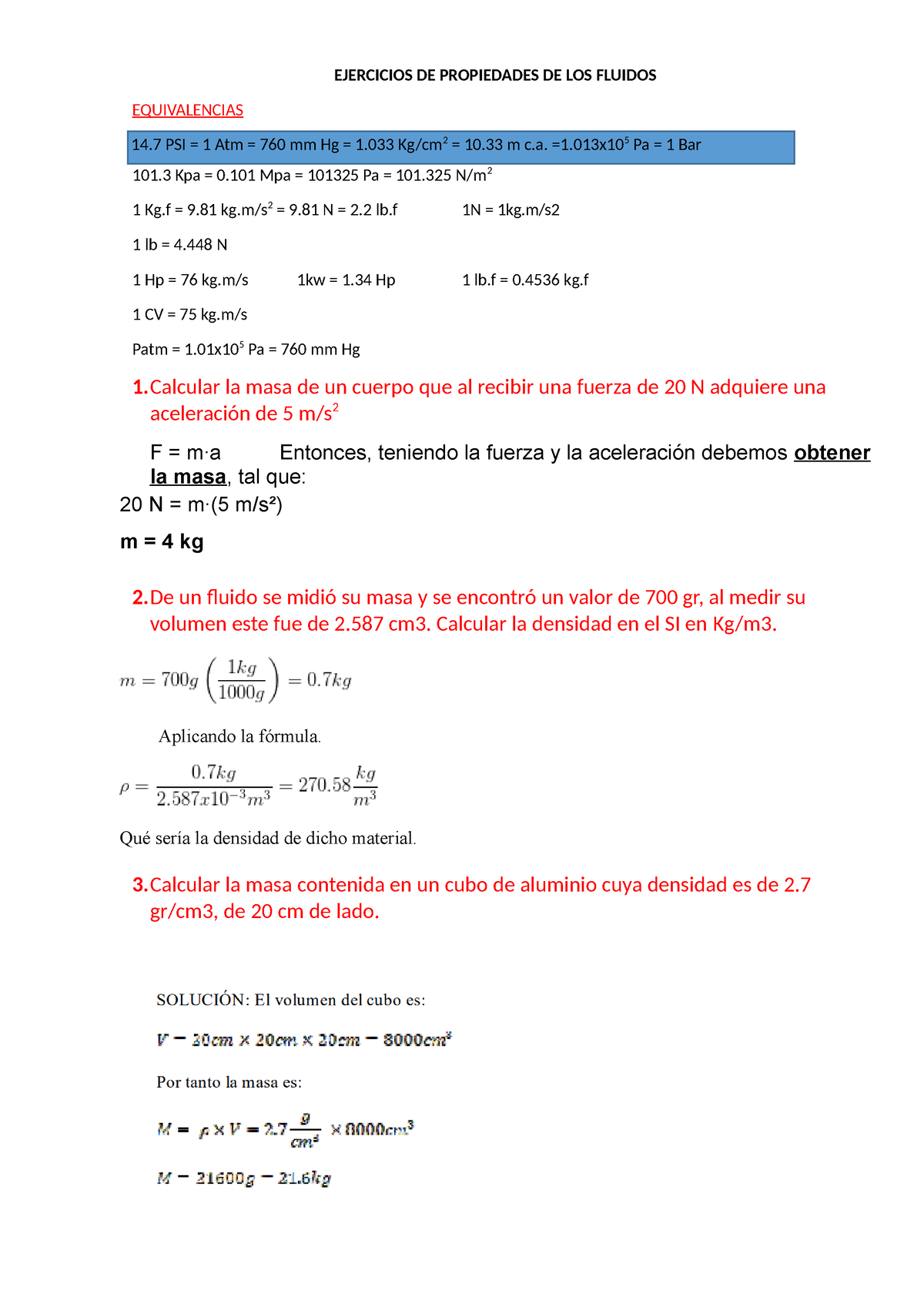 Mecanica De Fluidos Ejercicios Resueltos - EJERCICIOS DE PROPIEDADES DE ...