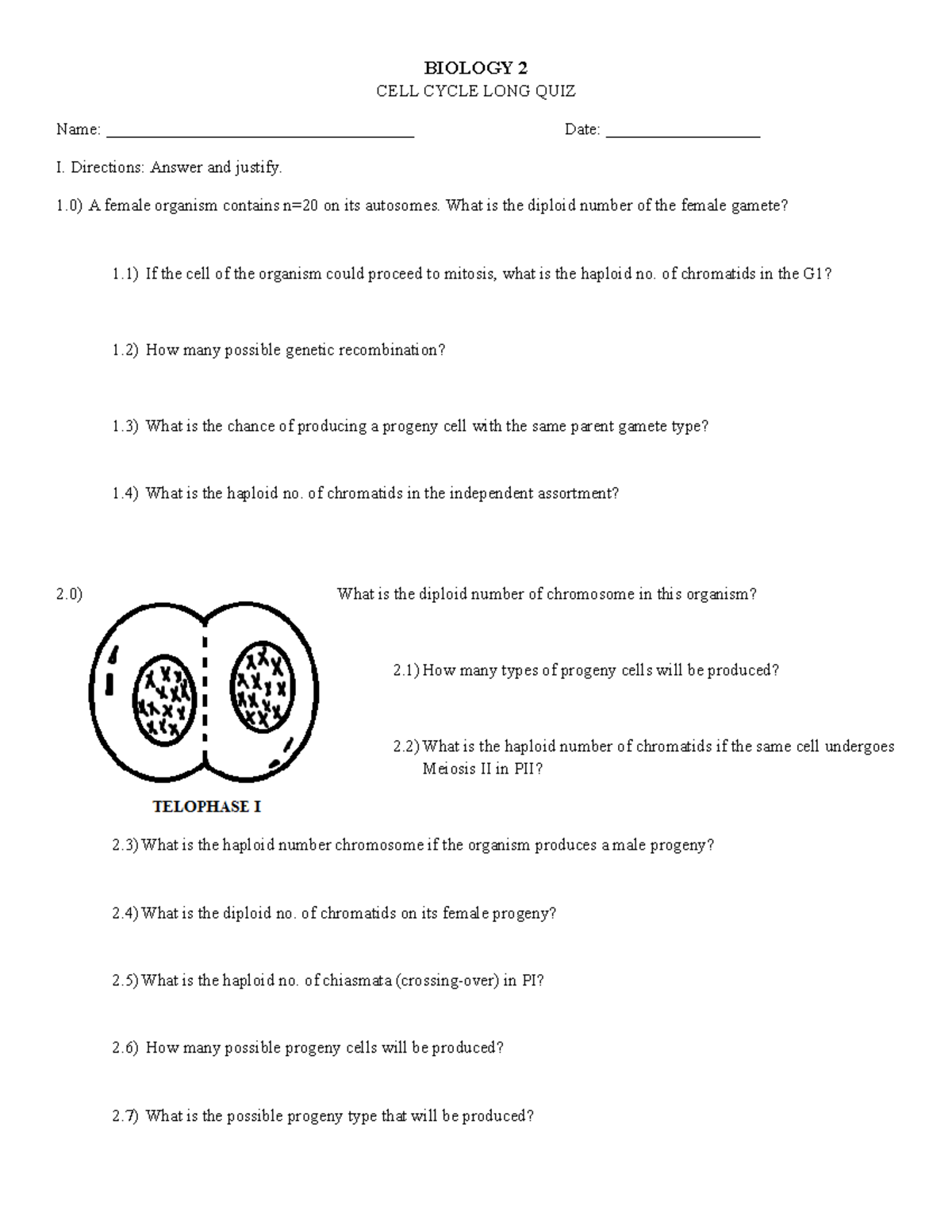 Cell Cycle Practice Review Quiz - BIOLOGY 2 CELL CYCLE LONG QUIZ Name ...