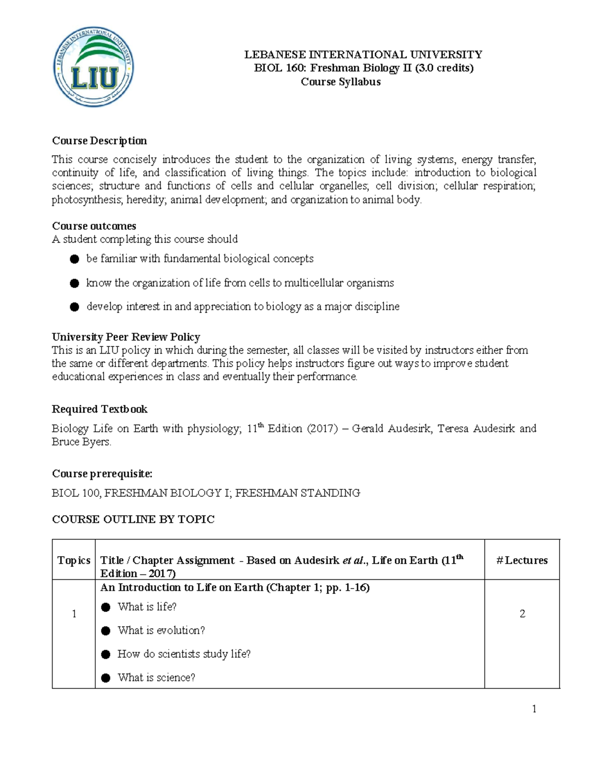 BIOL160 20221009193108 Syllabus - LEBANESE INTERNATIONAL UNIVERSITY ...