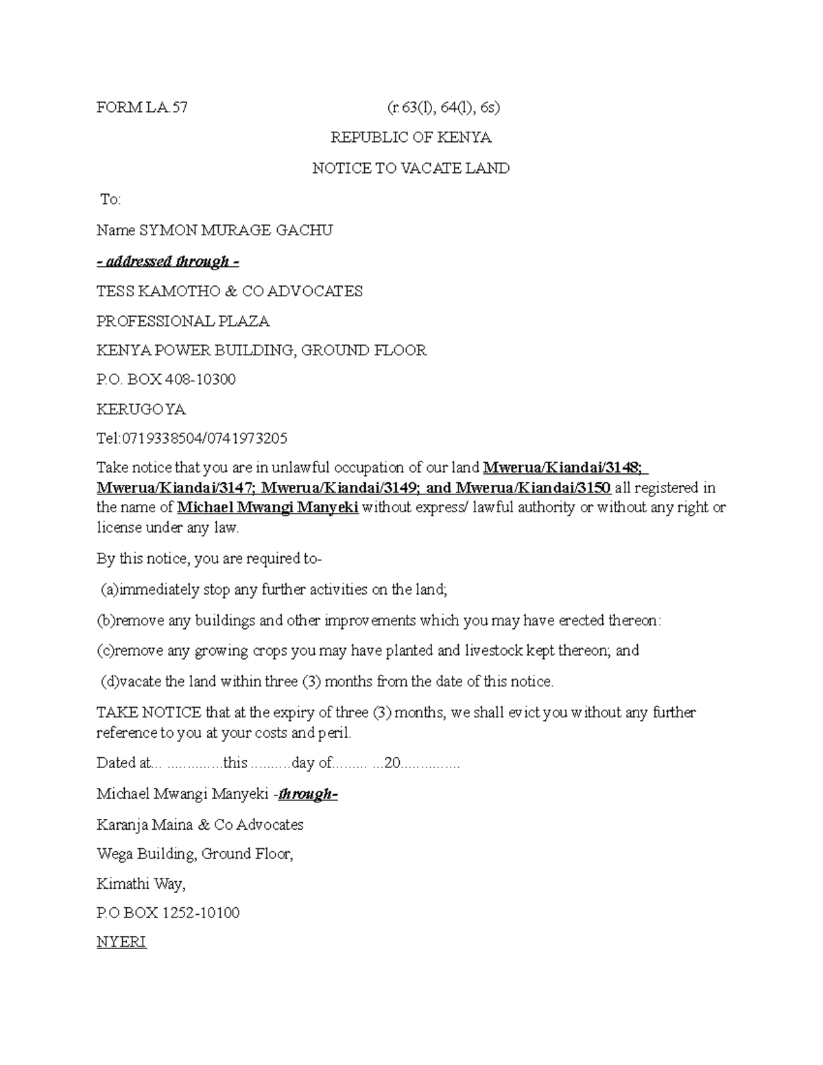 FORM LA 57 eviction notice - FORM LA (r(l), 64(l), 6s) REPUBLIC OF ...